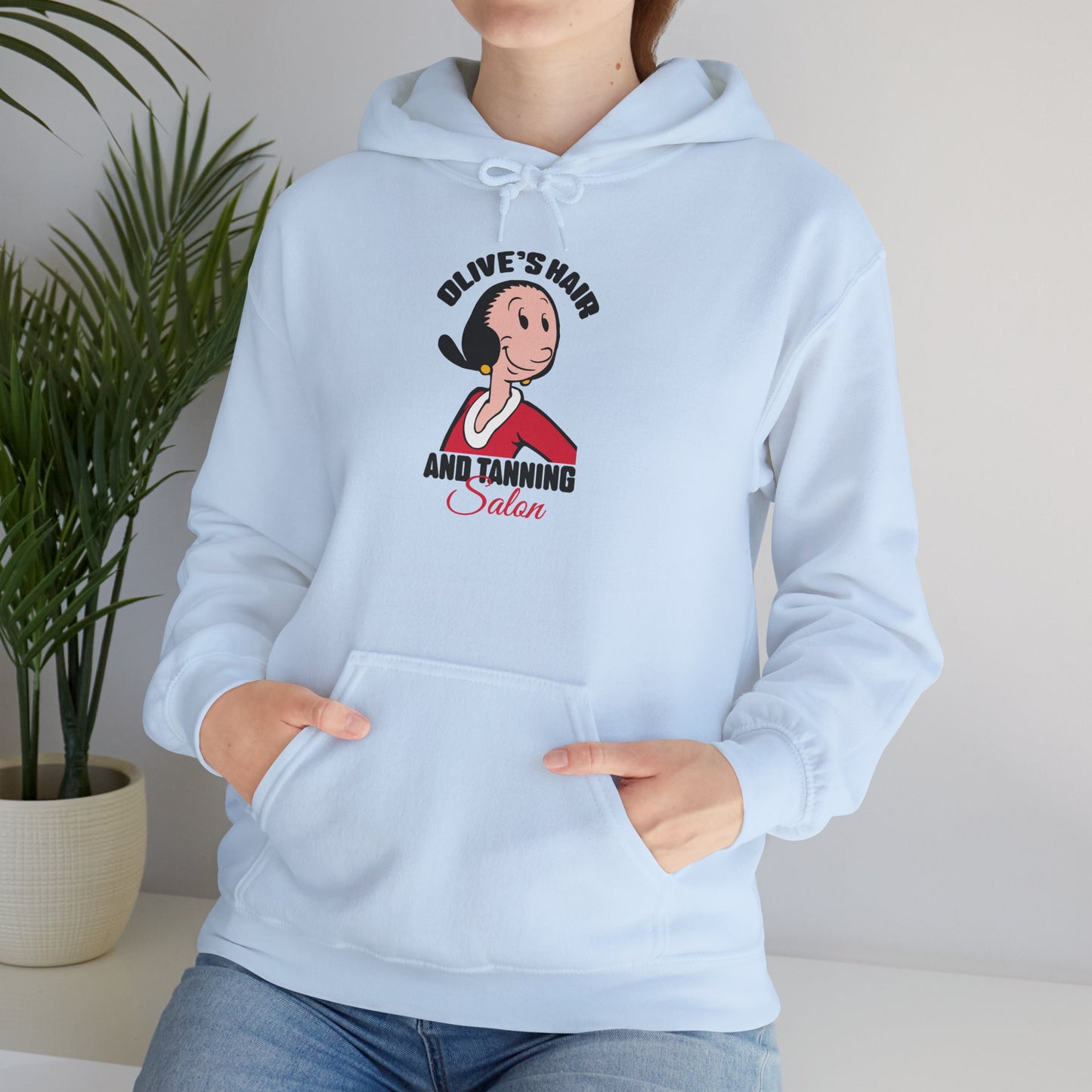 Olive’s Hair and Tanning Salon Hoodie. Vintage Olive Oyl Cartoon Graphic Pullover