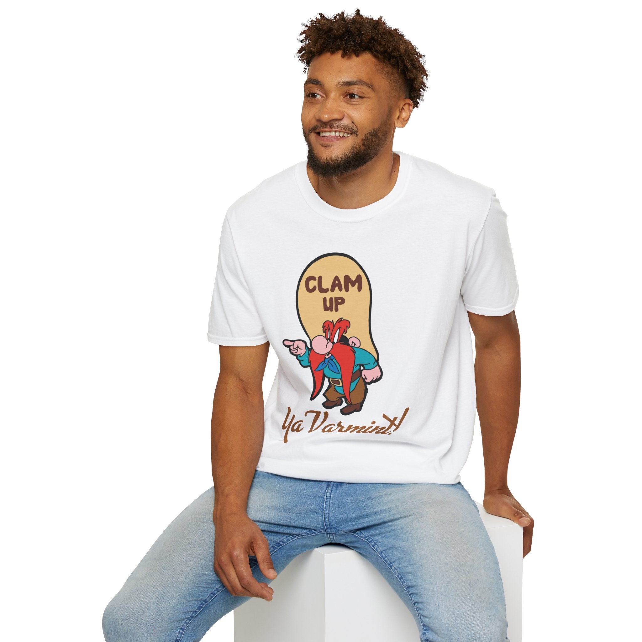Graphic T-Shirt — 'Clam Up Ya Varmint!' Yosemite-Style Cartoon Tee