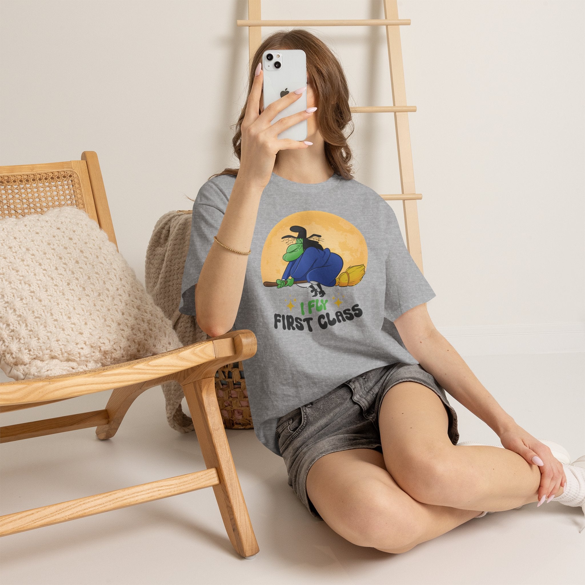 Witch Broom Tee — "I Fly First Class" Funny Halloween T‑Shirt