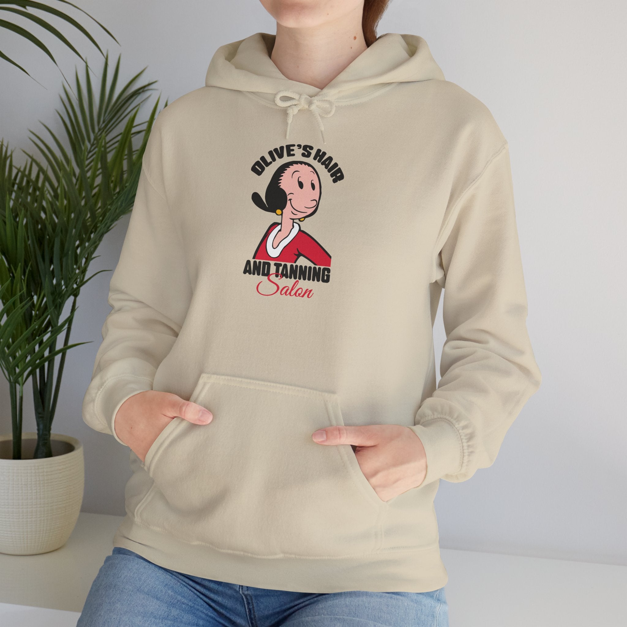 Olive’s Hair and Tanning Salon Hoodie. Vintage Olive Oyl Cartoon Graphic Pullover