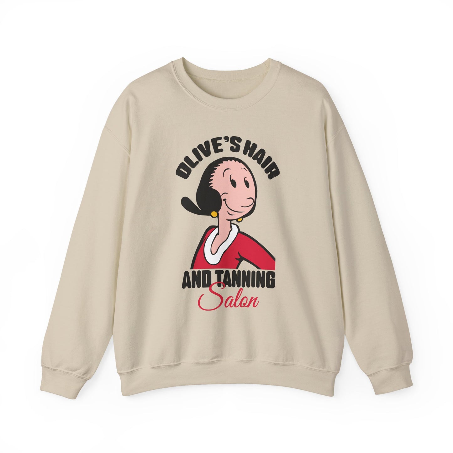 Olive's Hair & Tanning Salon Sweatshirt — Funny Retro Parody Graphic