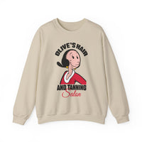 Olive's Hair & Tanning Salon Sweatshirt — Funny Retro Parody Graphic