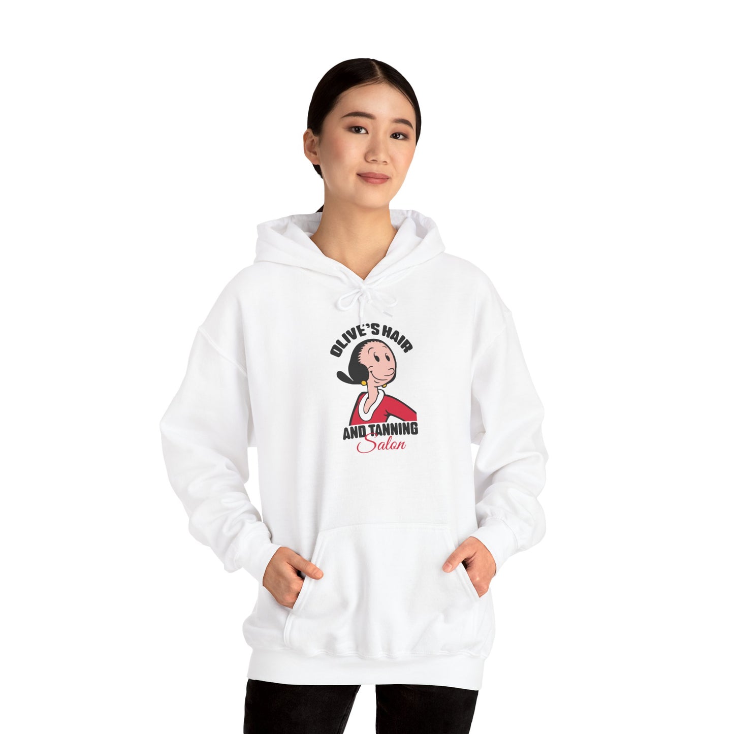 Olive’s Hair and Tanning Salon Hoodie. Vintage Olive Oyl Cartoon Graphic Pullover