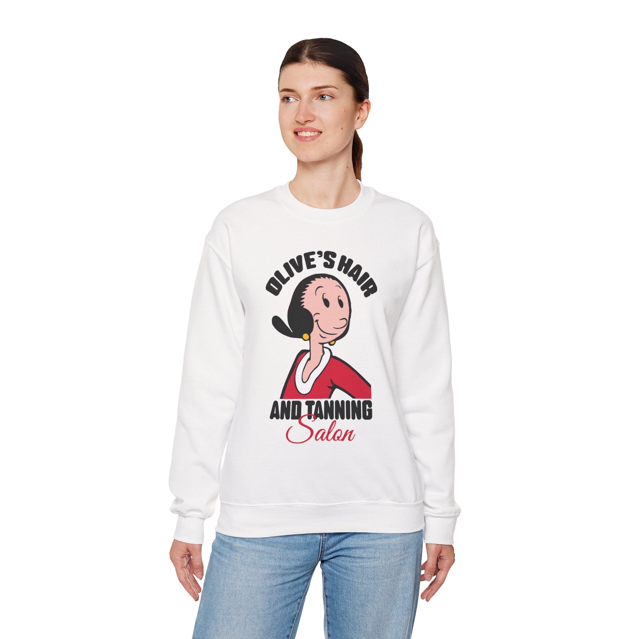 Olive's Hair & Tanning Salon Sweatshirt — Funny Retro Parody Graphic