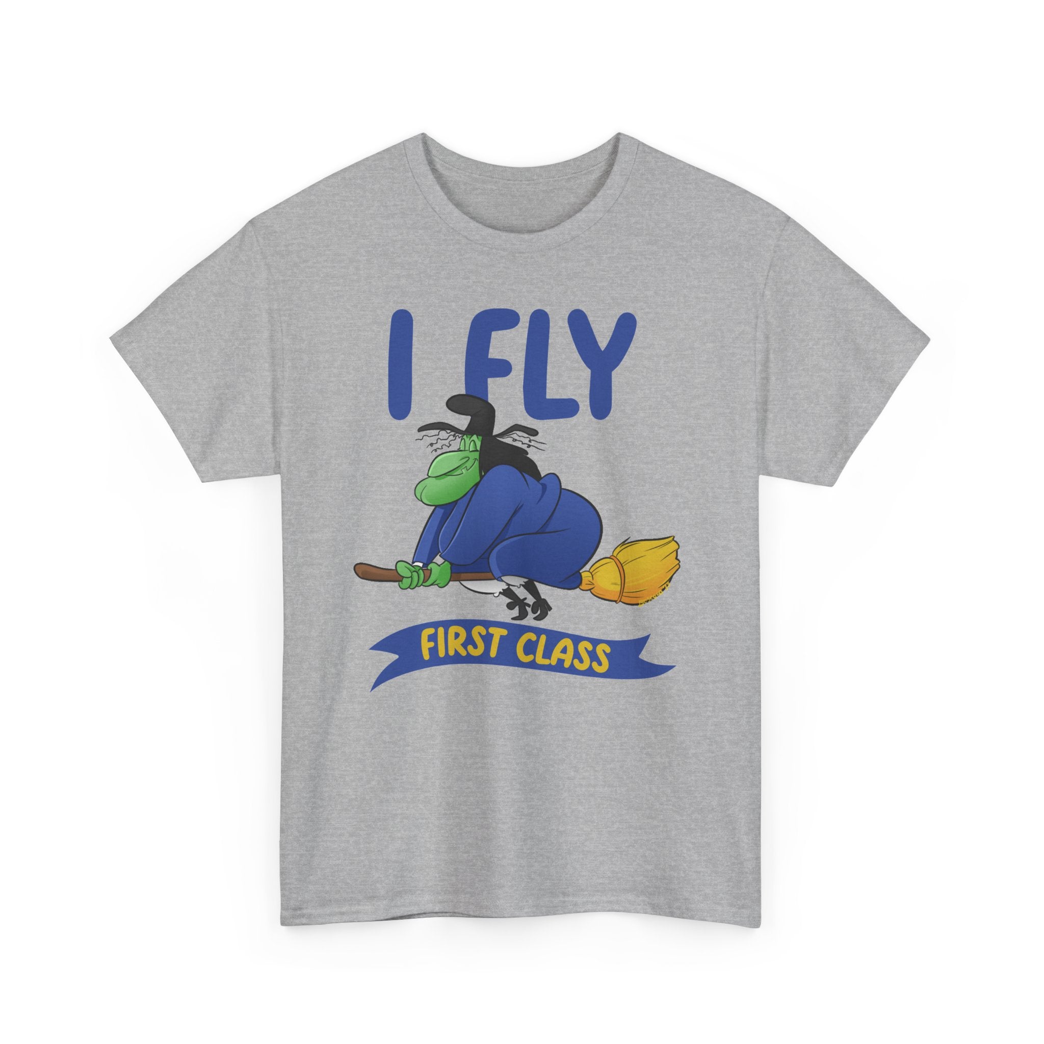 I Fly First Class Tee — Funny Witch on Broom Halloween T-Shirt