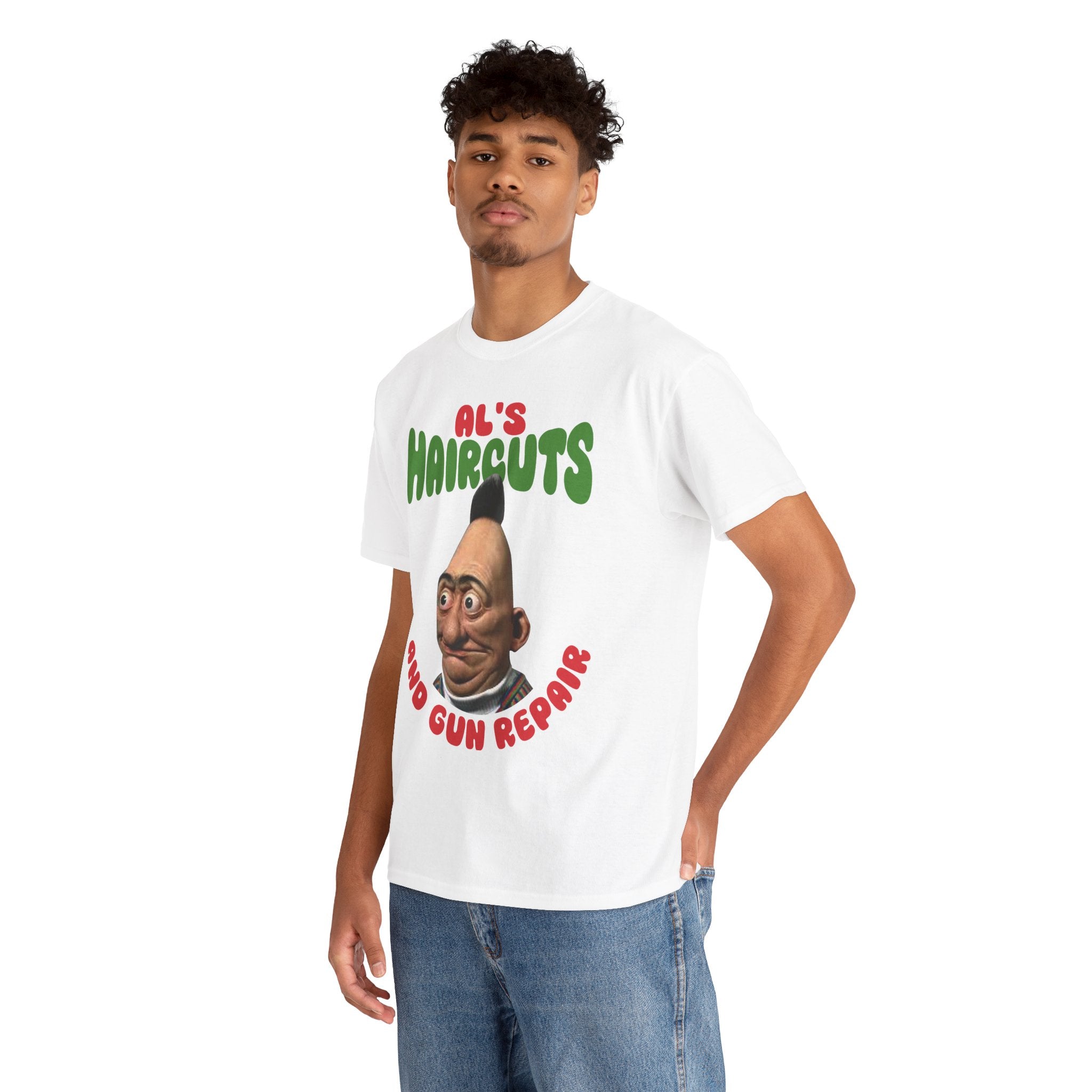 Al's Haircuts and Gun Repairs T-Shirt — Vintage Parody Barber Shop Tee
