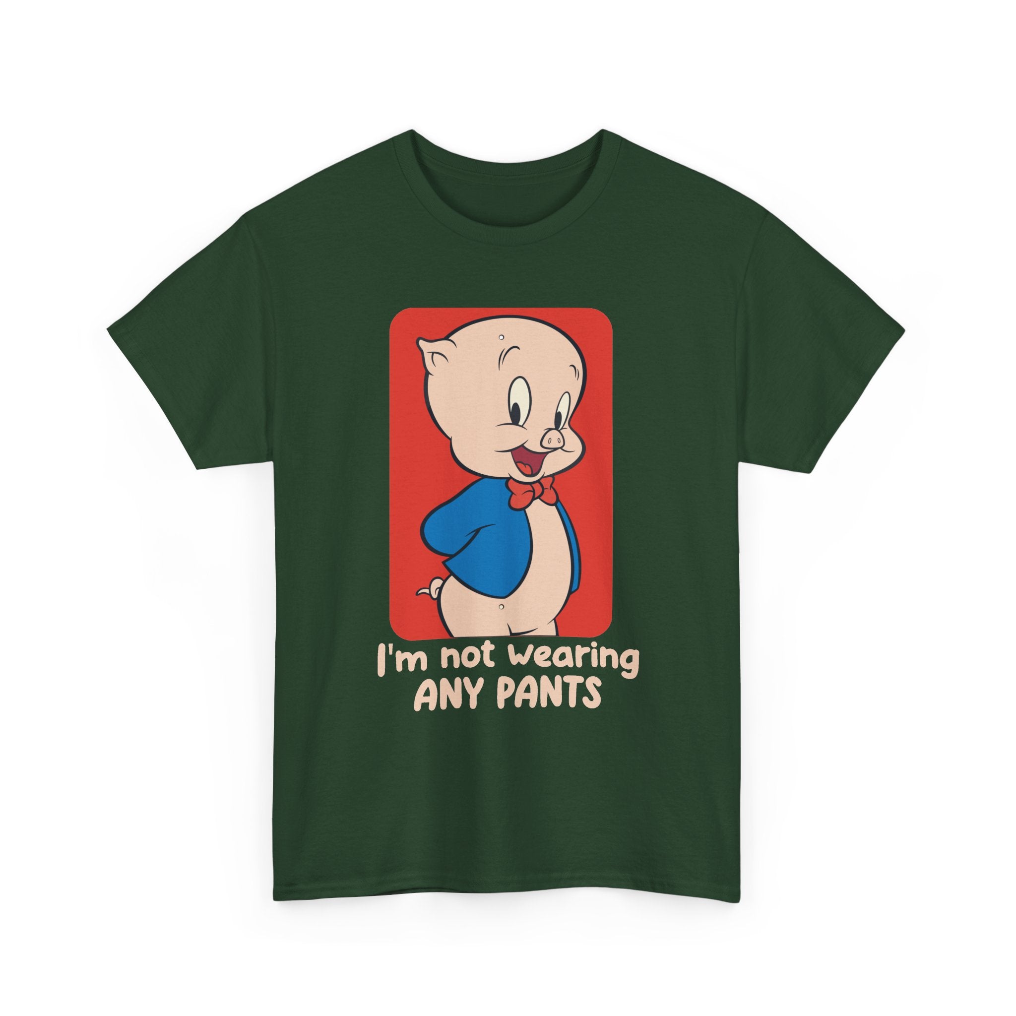 Novelty Graphic Tee — Cute Cartoon Pig with “I’m Not Wearing Any Pants” Slogan
