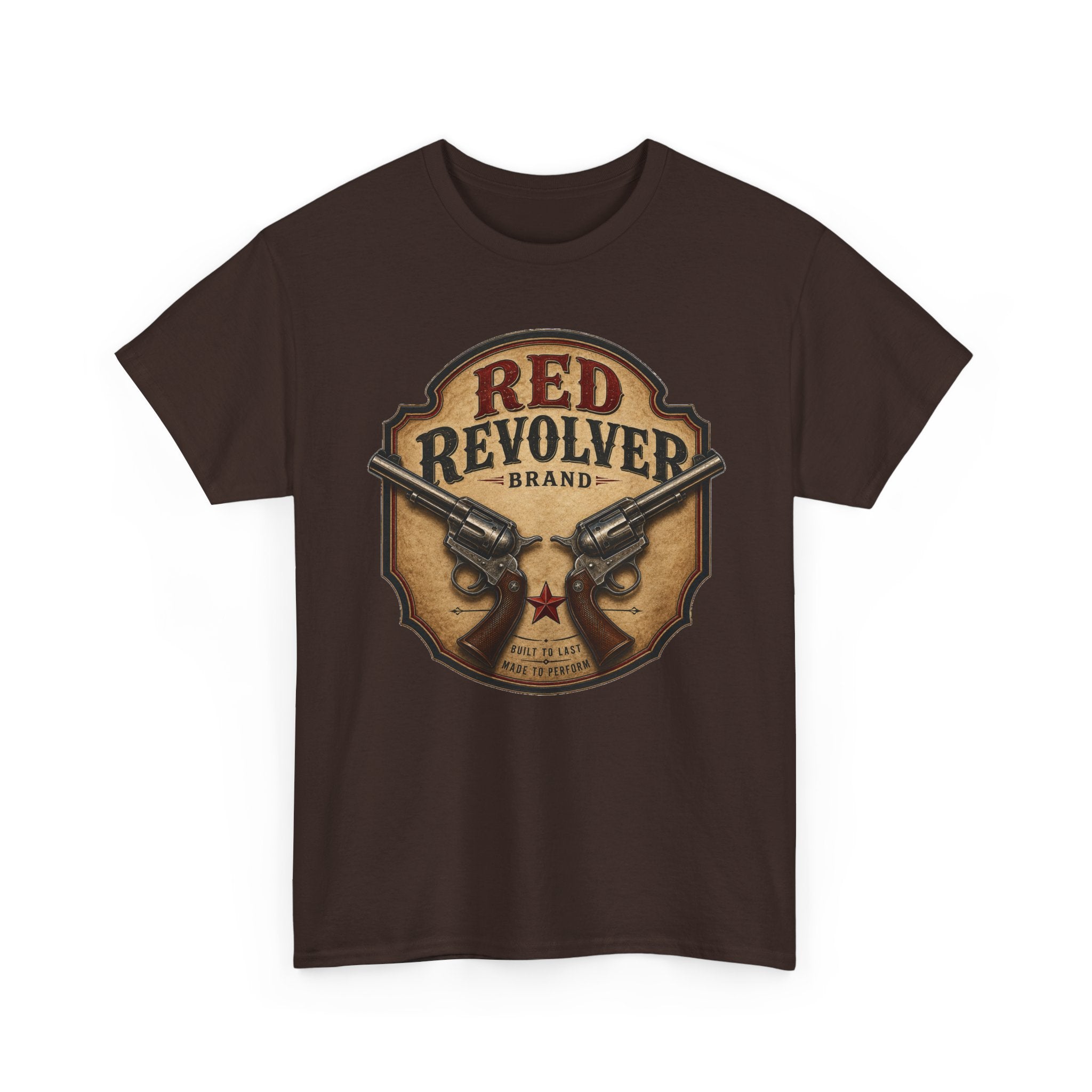 Red Revolver Graphic T-Shirt — Retro Western Guns Emblem