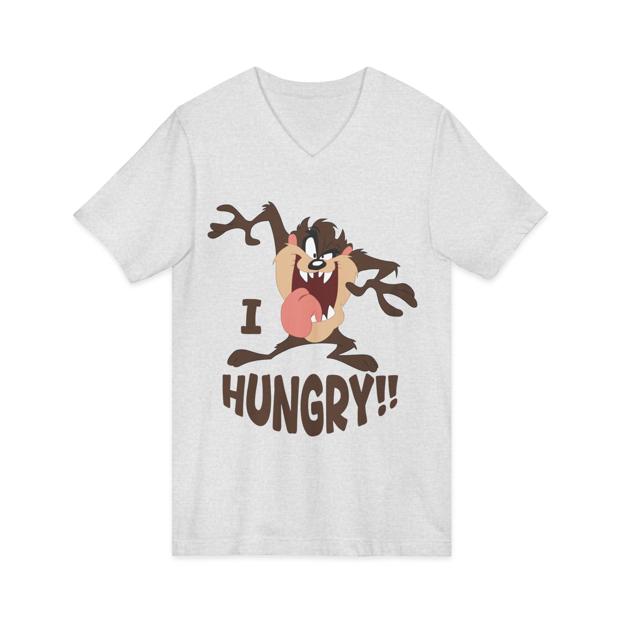 Hungry T-Shirt — Cartoon Tasmanian Devil 'I HUNGRY!!' Graphic V-Neck Tee