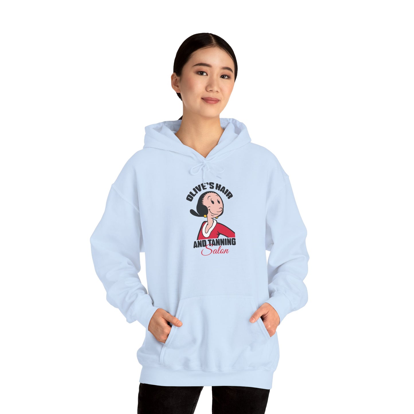 Olive’s Hair and Tanning Salon Hoodie. Vintage Olive Oyl Cartoon Graphic Pullover
