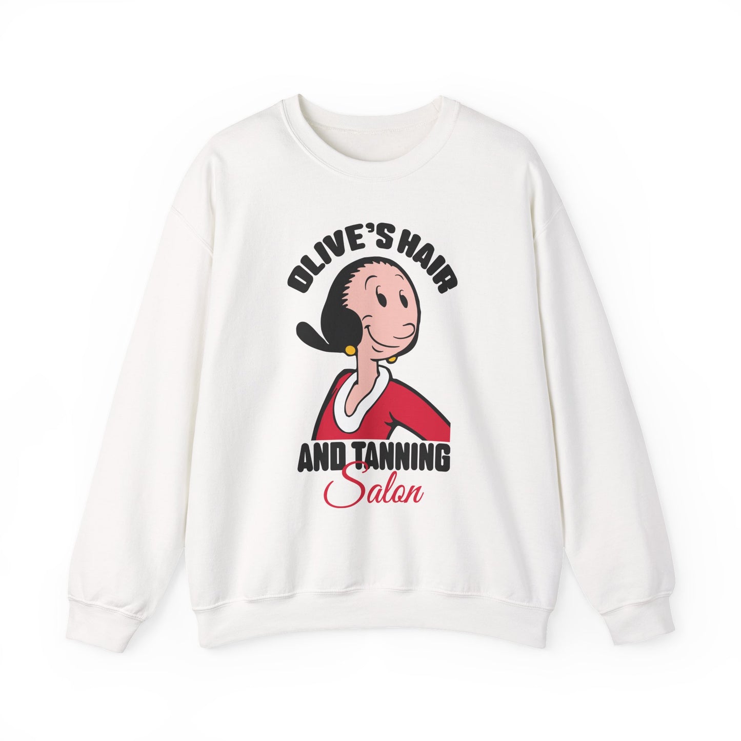 Olive's Hair & Tanning Salon Sweatshirt — Funny Retro Parody Graphic