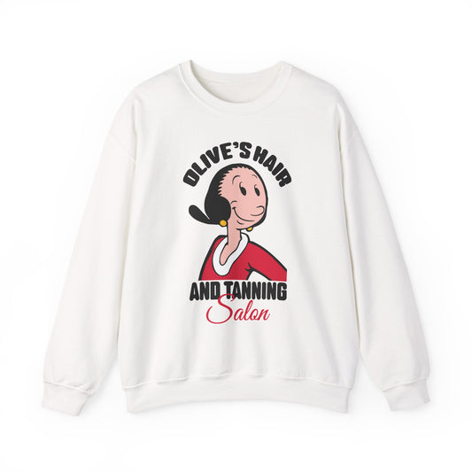 Olive's Hair & Tanning Salon Sweatshirt — Funny Retro Parody Graphic