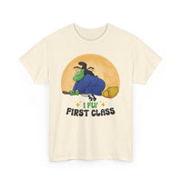 Witch Broom Tee — "I Fly First Class" Funny Halloween T‑Shirt