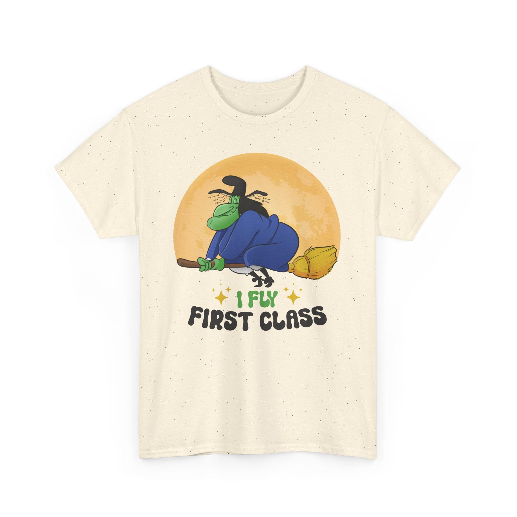 Witch Broom Tee — "I Fly First Class" Funny Halloween T‑Shirt