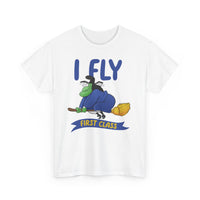 I Fly First Class Tee — Funny Witch on Broom Halloween T-Shirt
