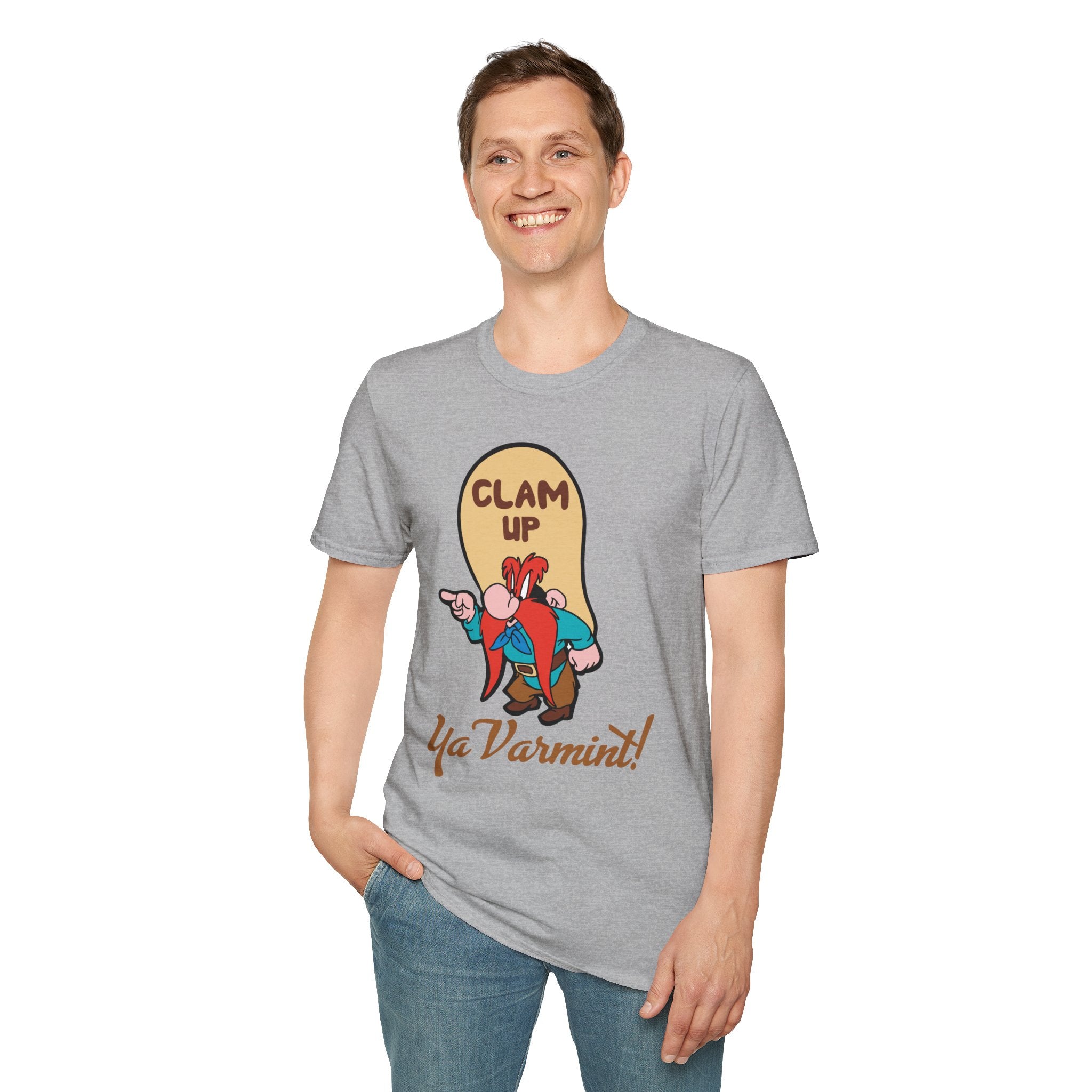 Graphic T-Shirt — 'Clam Up Ya Varmint!' Yosemite-Style Cartoon Tee
