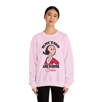 Olive's Hair & Tanning Salon Sweatshirt — Funny Retro Parody Graphic