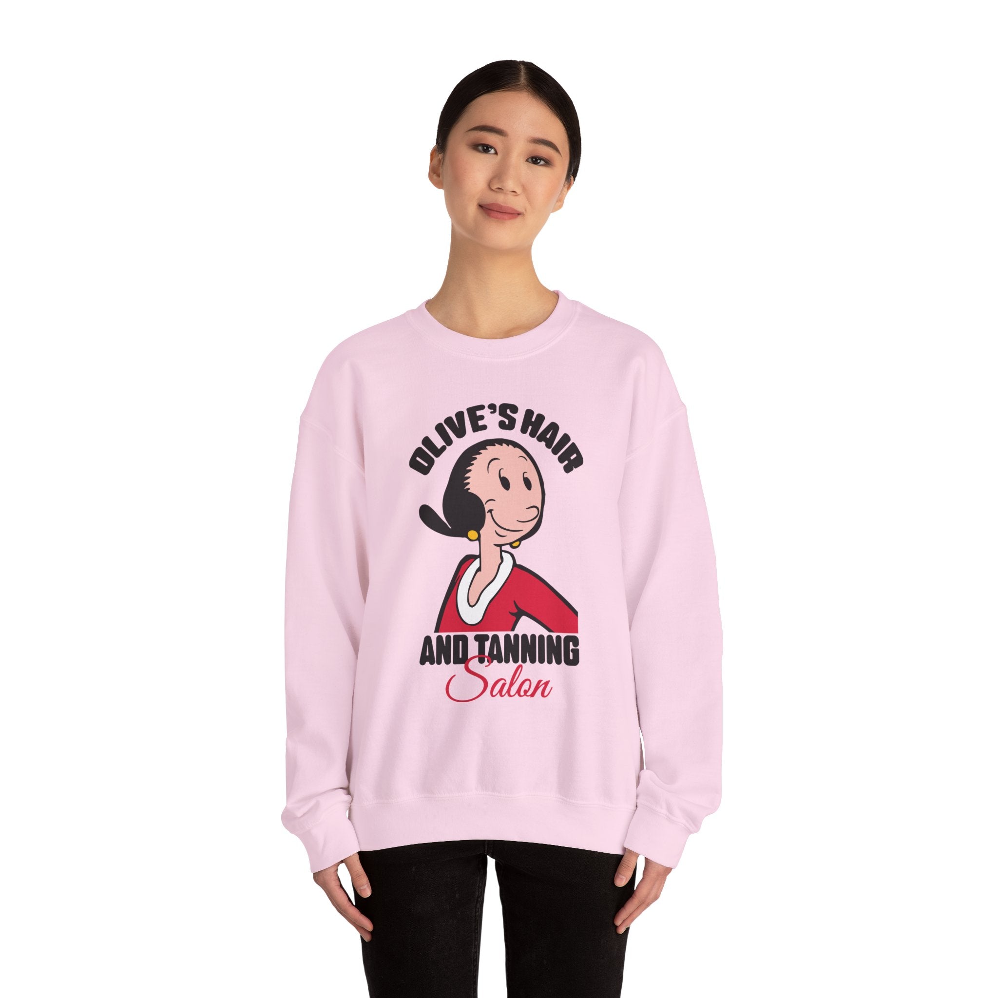 Olive's Hair & Tanning Salon Sweatshirt — Funny Retro Parody Graphic