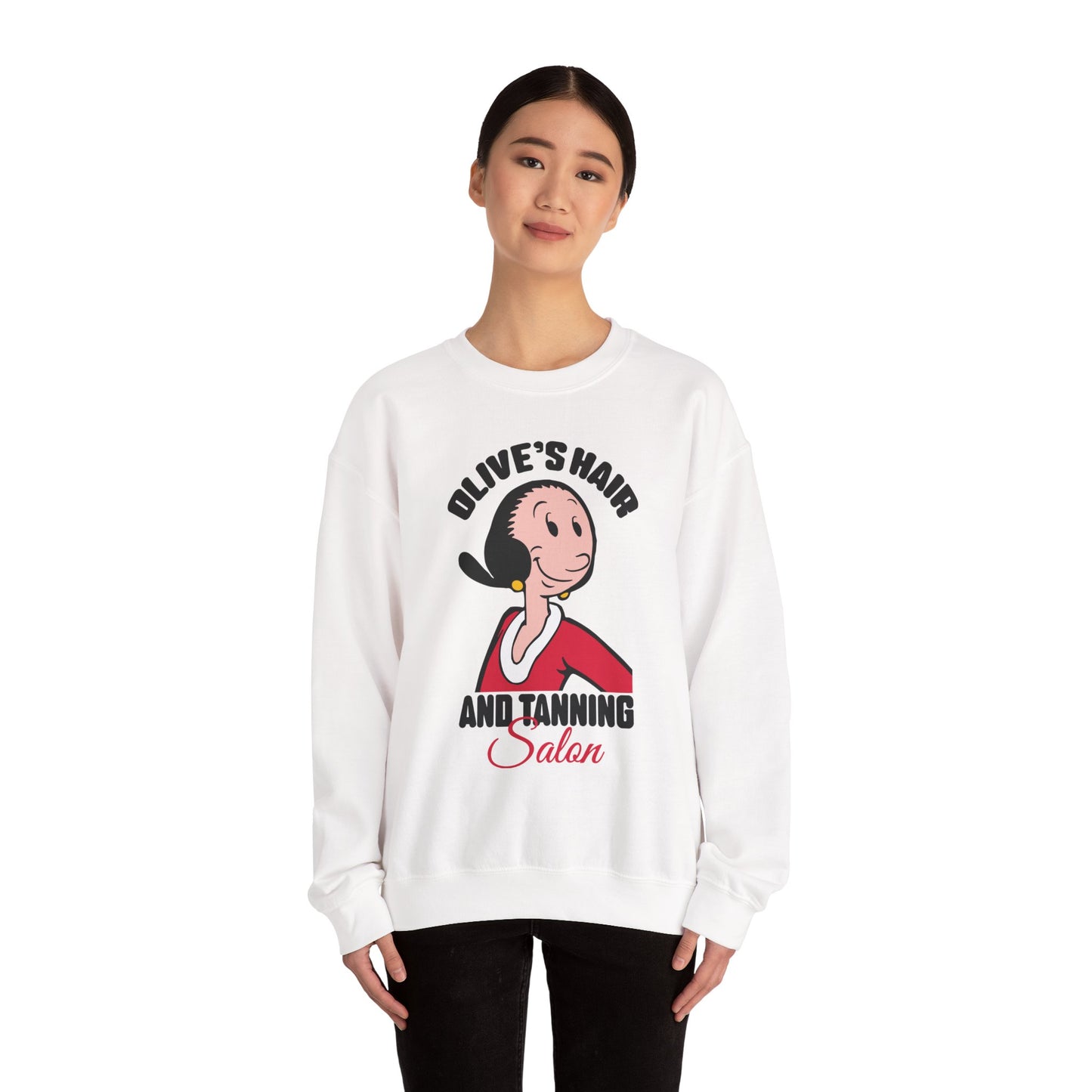 Olive's Hair & Tanning Salon Sweatshirt — Funny Retro Parody Graphic