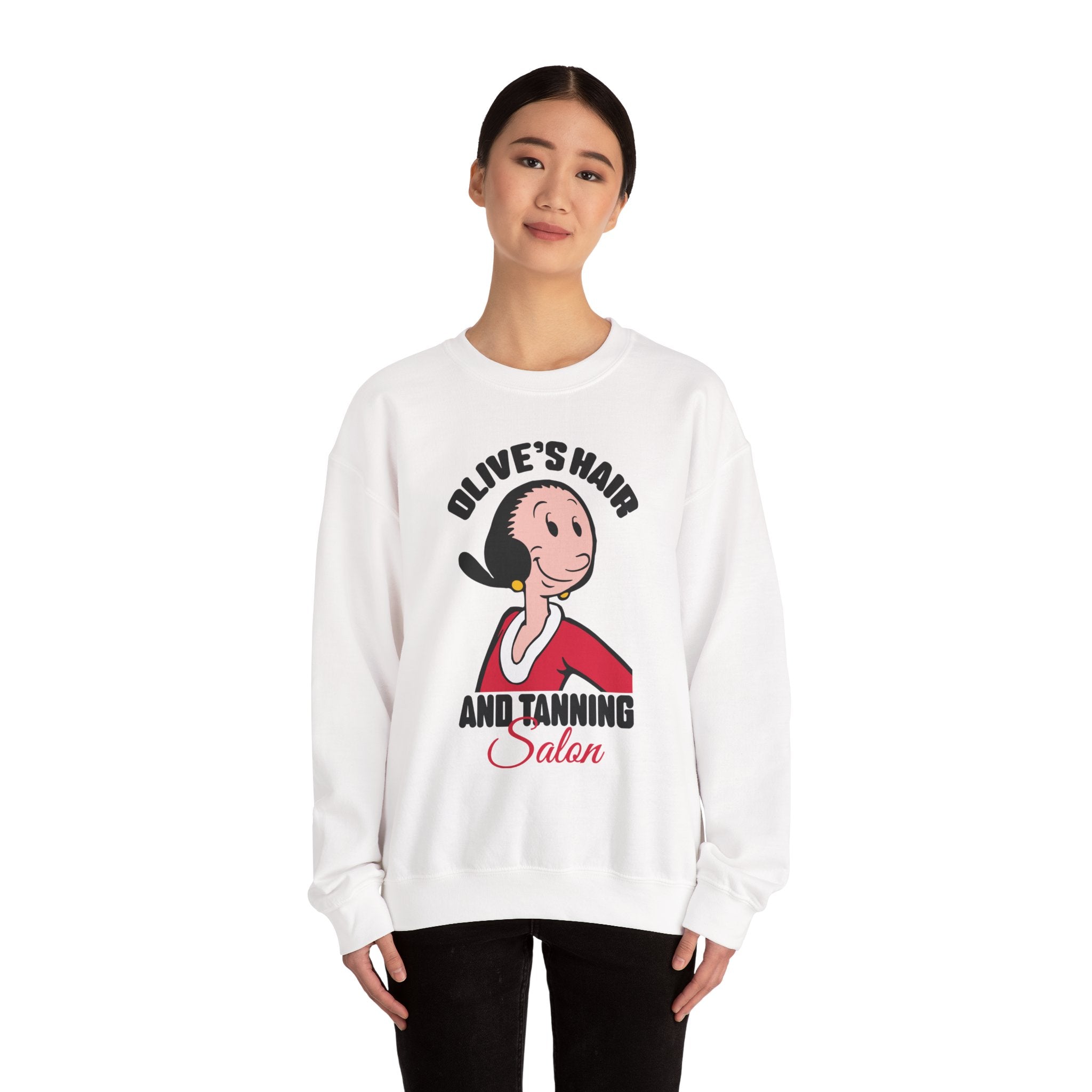 Olive's Hair & Tanning Salon Sweatshirt — Funny Retro Parody Graphic