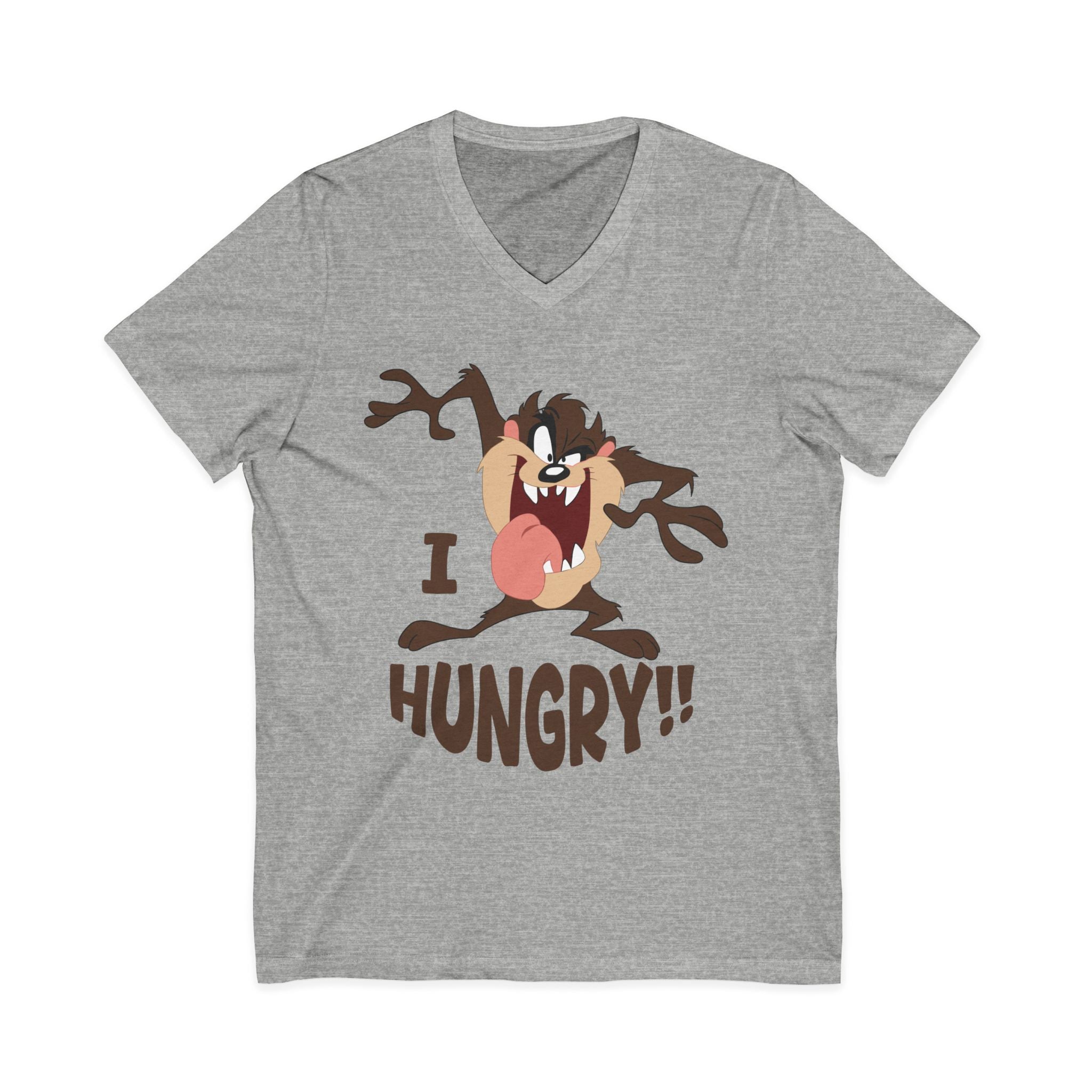 Hungry T-Shirt — Cartoon Tasmanian Devil 'I HUNGRY!!' Graphic V-Neck Tee