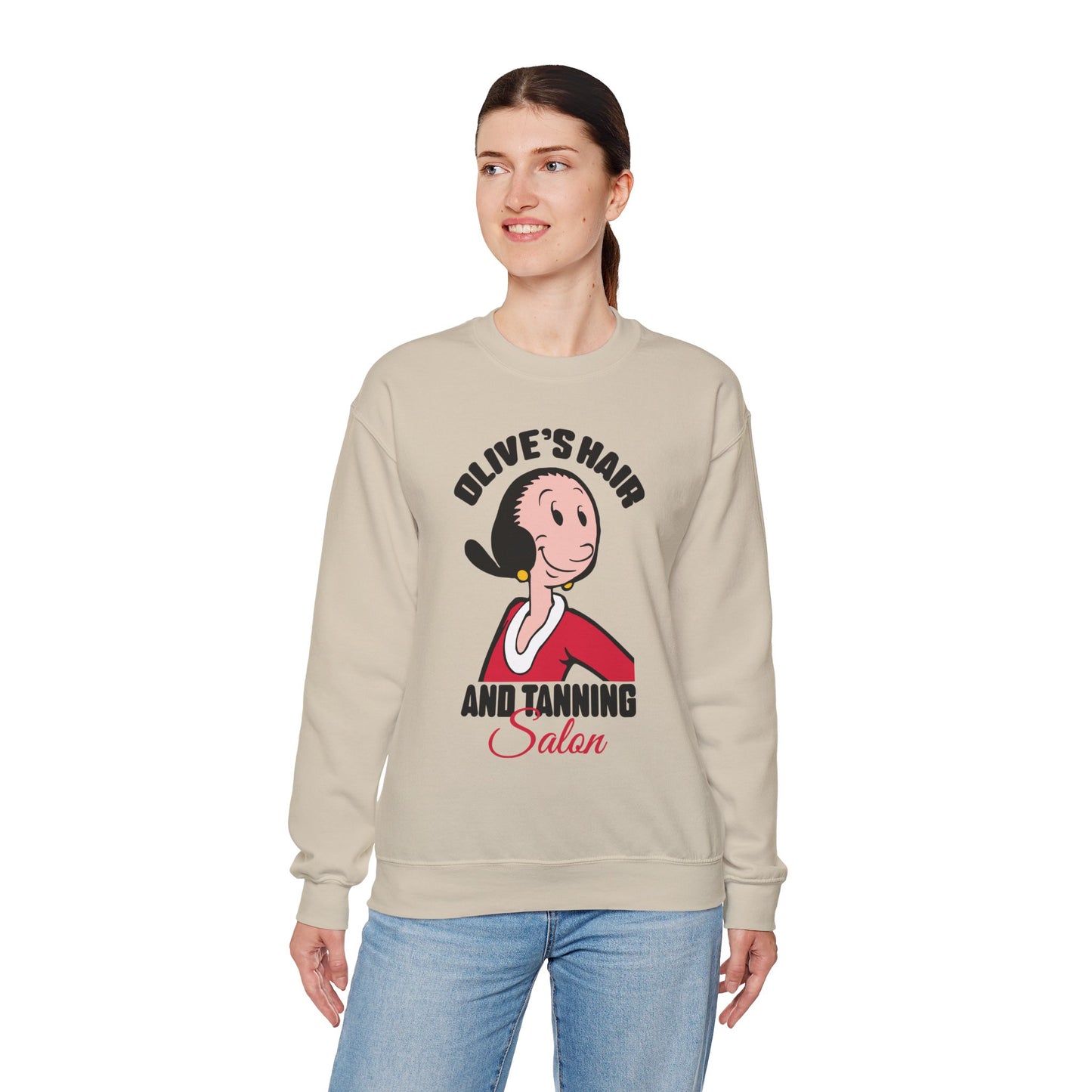 Olive's Hair & Tanning Salon Sweatshirt — Funny Retro Parody Graphic