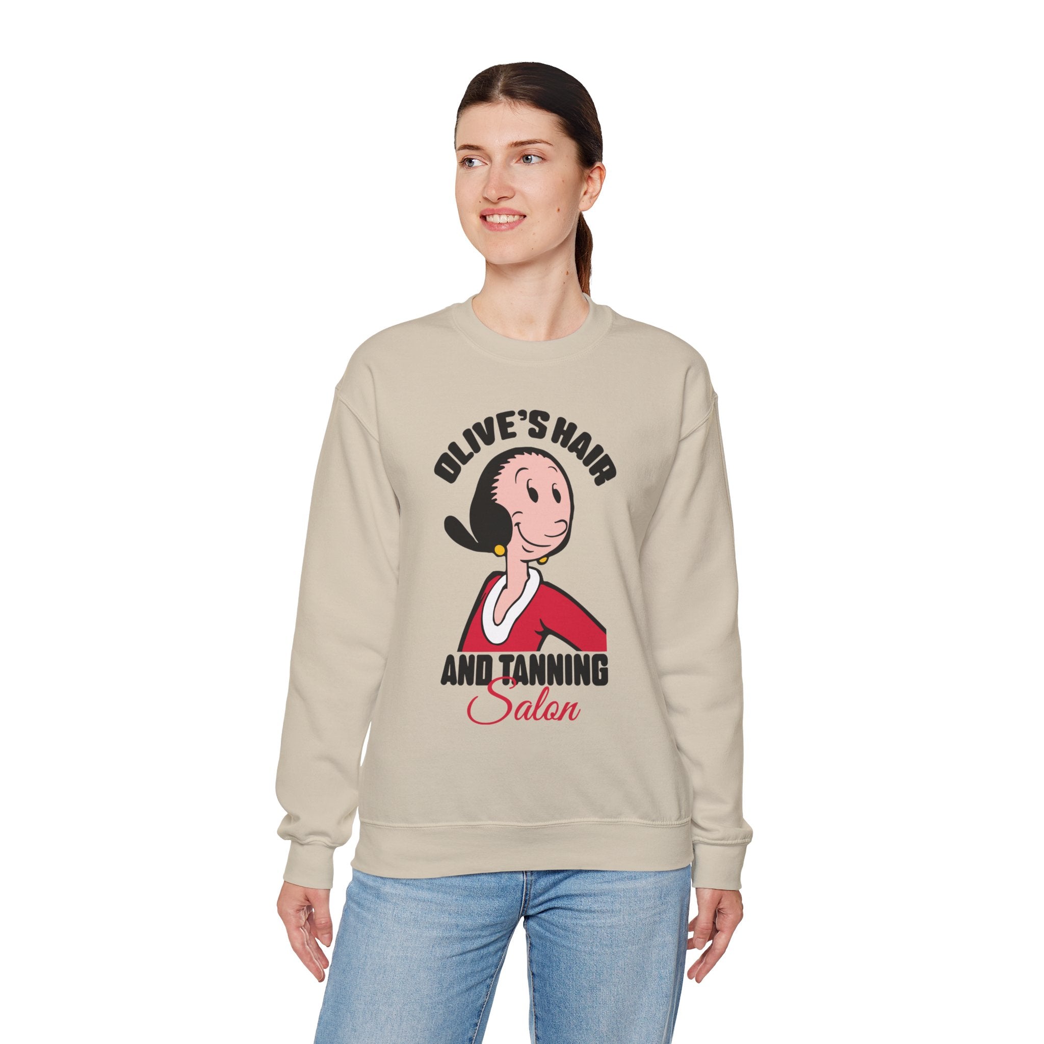 Olive's Hair & Tanning Salon Sweatshirt — Funny Retro Parody Graphic
