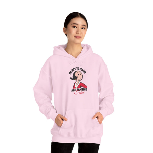 Olive’s Hair and Tanning Salon Hoodie. Vintage Olive Oyl Cartoon Graphic Pullover