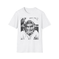 Baseball Catcher Portrait T-Shirt — Vintage Black & White Sports Tee