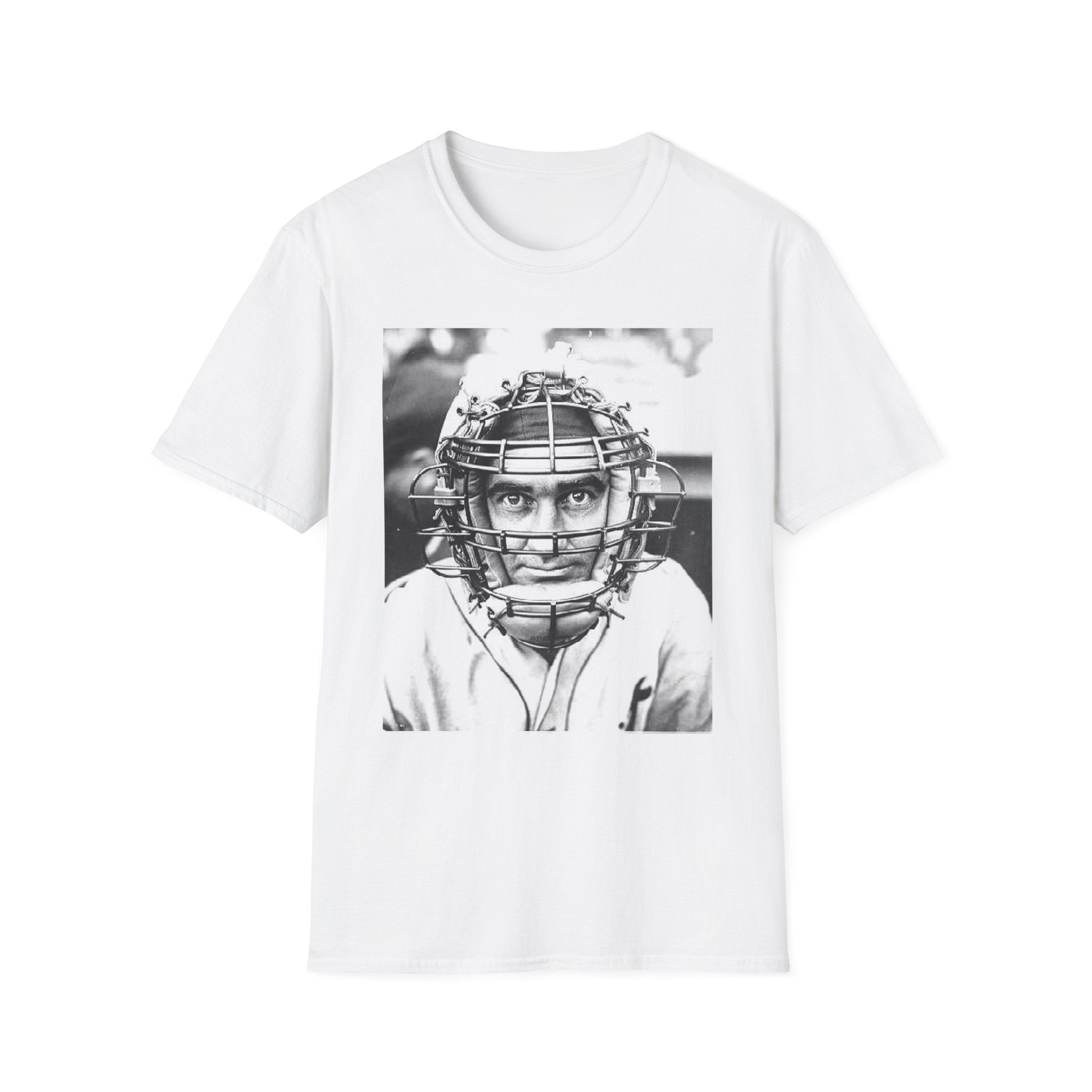 Baseball Catcher Portrait T-Shirt — Vintage Black & White Sports Tee