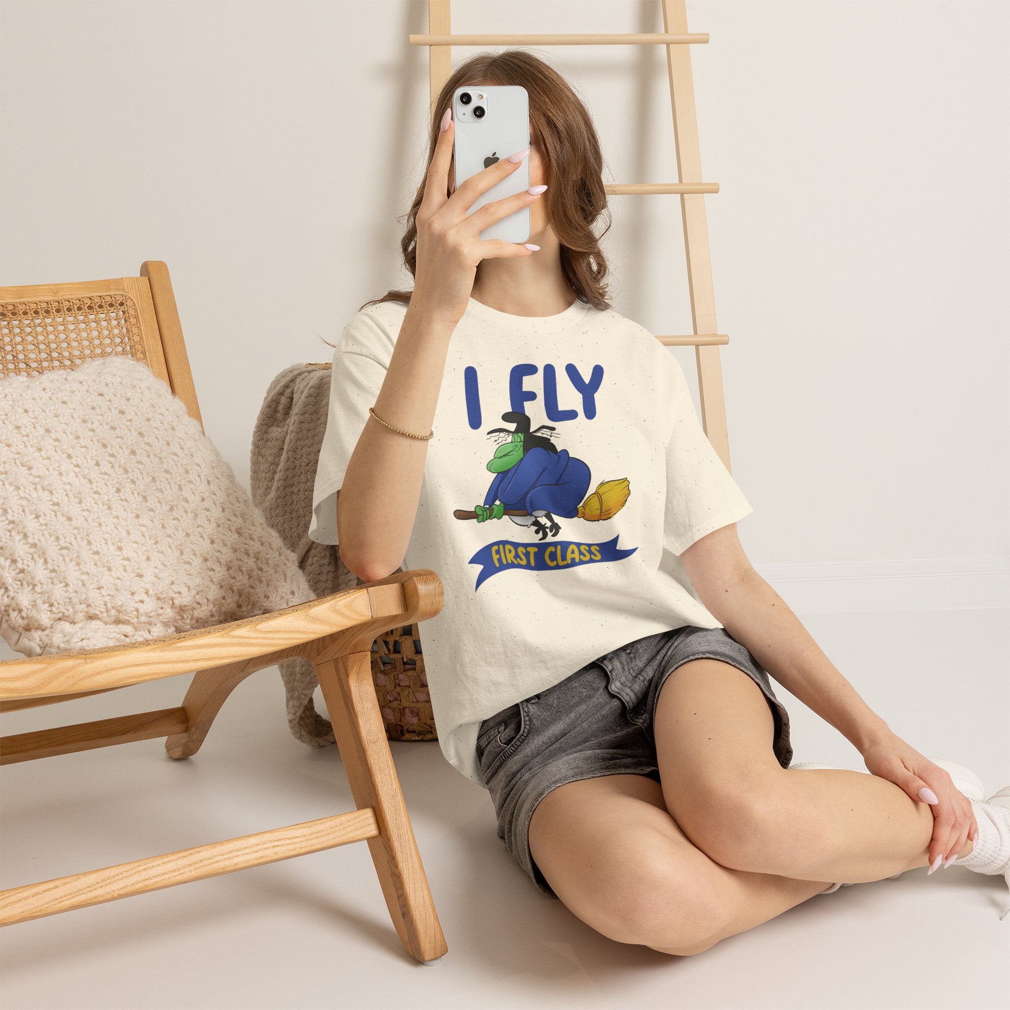 I Fly First Class Tee — Funny Witch on Broom Halloween T-Shirt