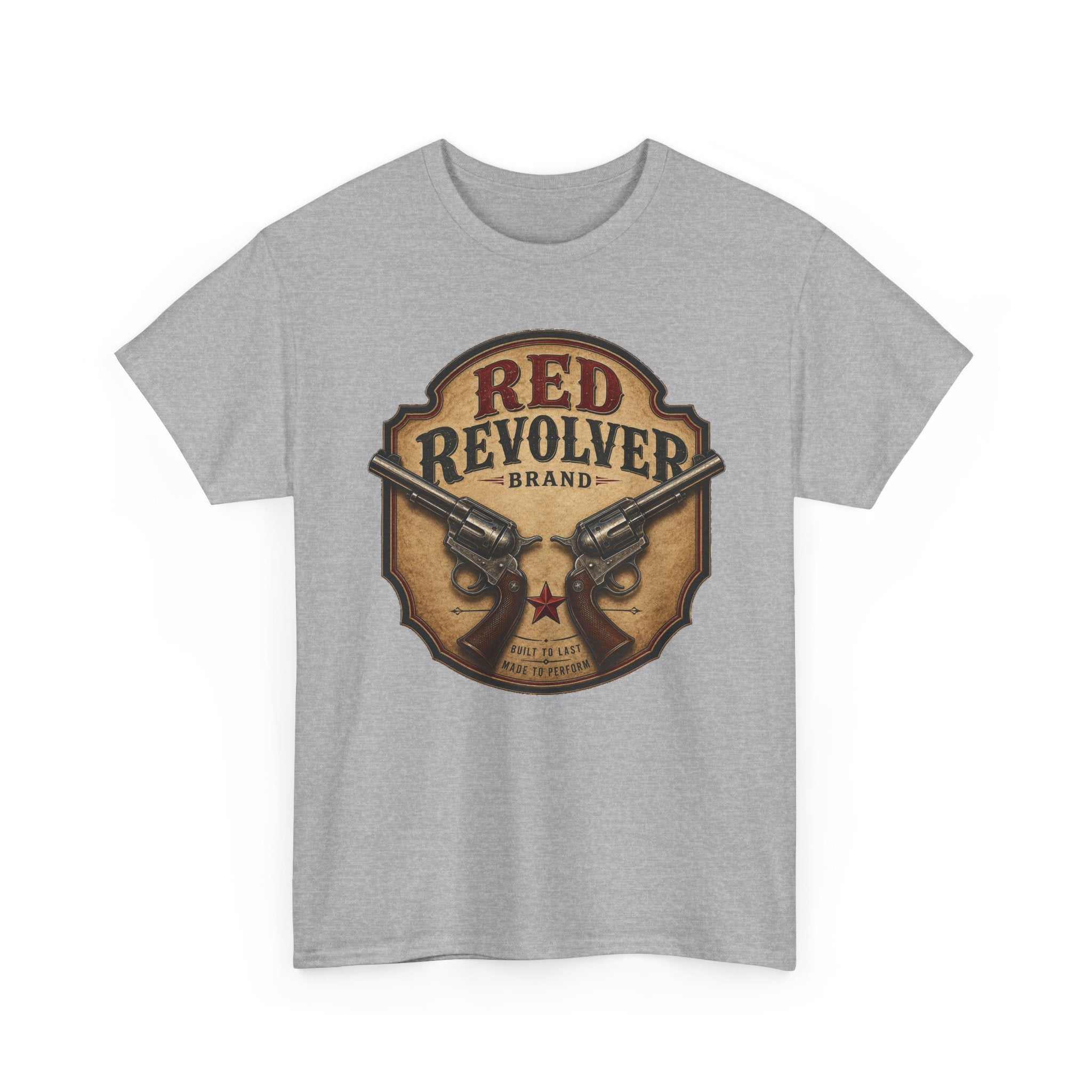 Red Revolver Graphic T-Shirt — Retro Western Guns Emblem