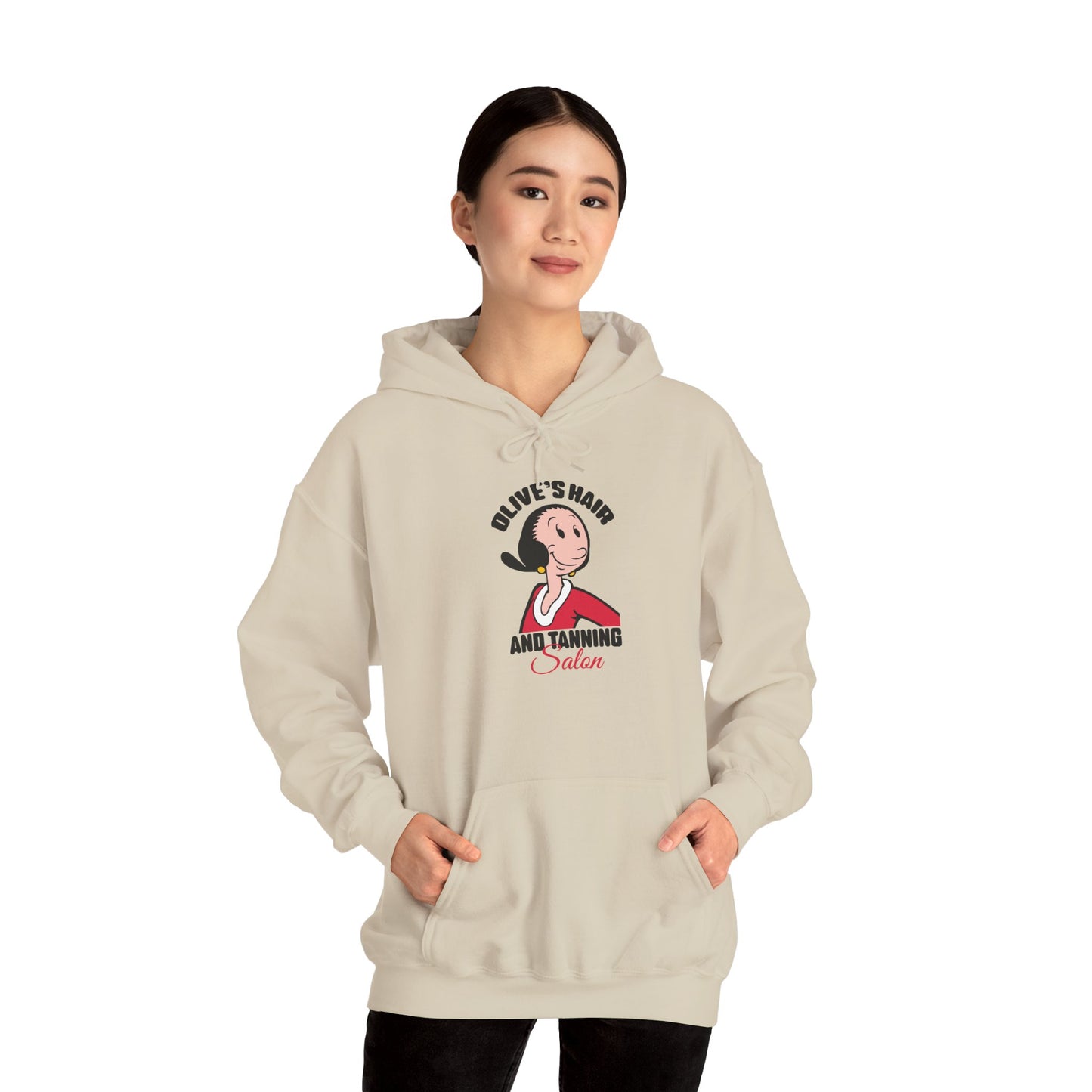 Olive’s Hair and Tanning Salon Hoodie. Vintage Olive Oyl Cartoon Graphic Pullover