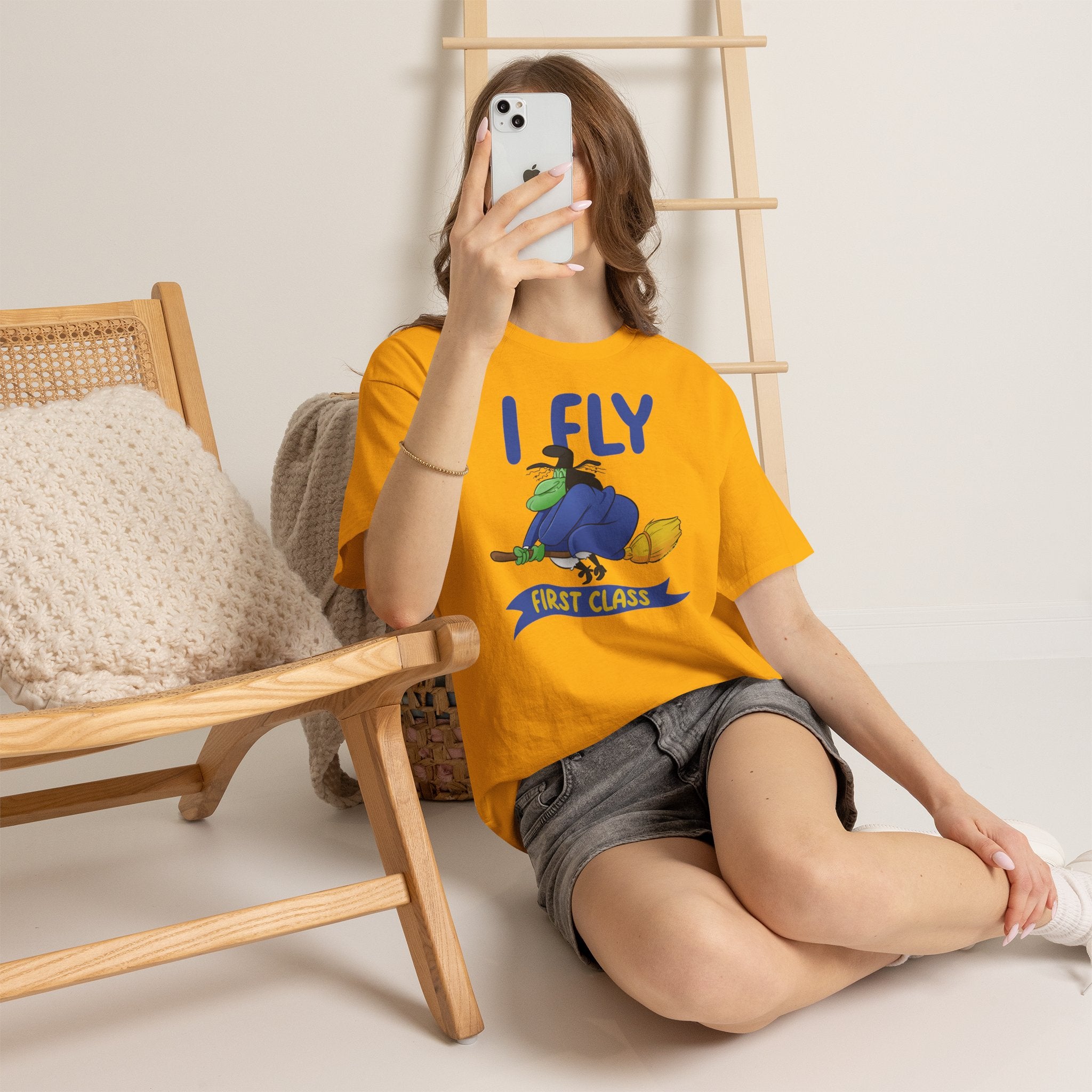 I Fly First Class Tee — Funny Witch on Broom Halloween T-Shirt