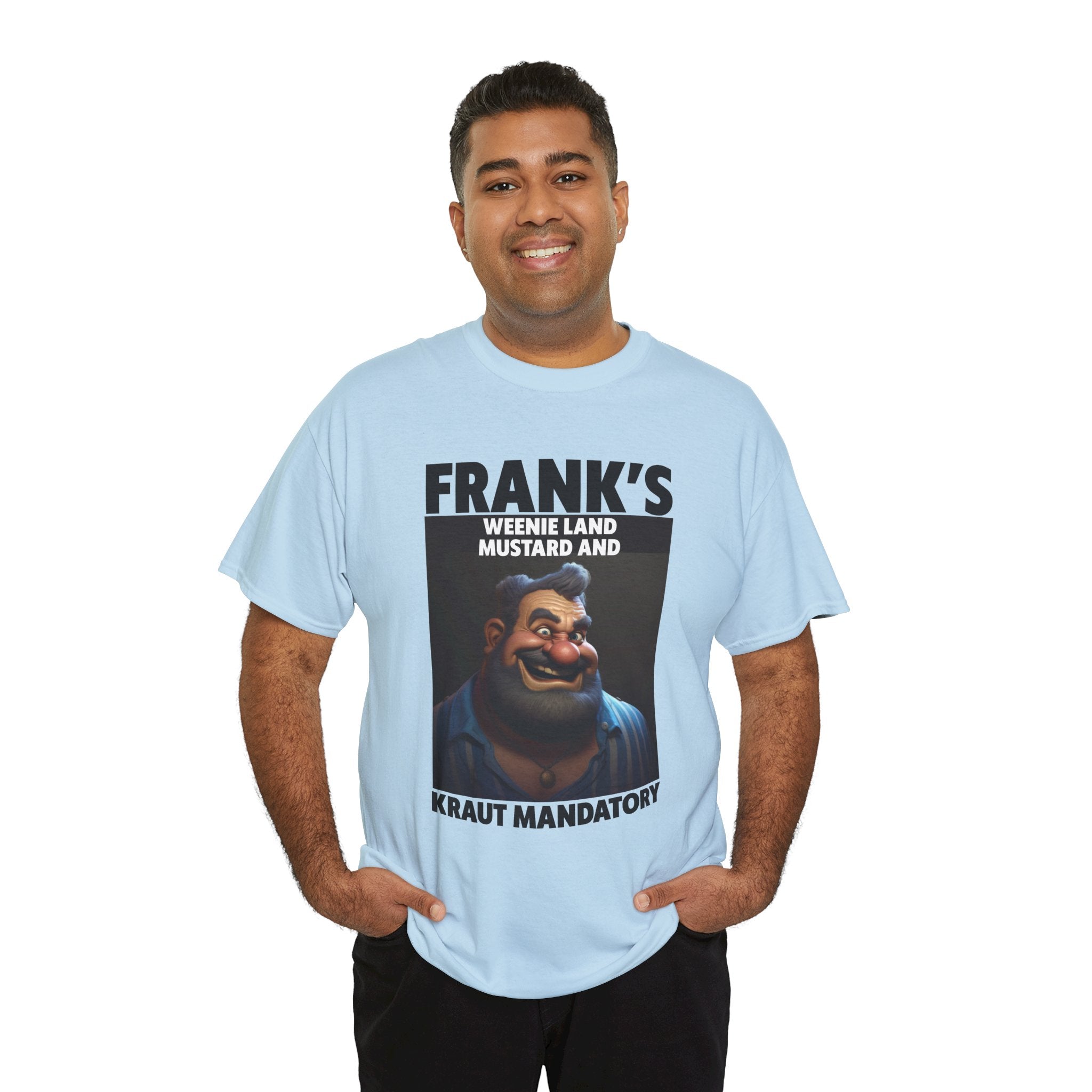 Graphic Tee — "Frank's Weenie Land Mustard and Kraut Mandatory" Retro Character T-Shirt