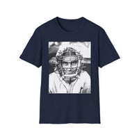 Baseball Catcher Portrait T-Shirt — Vintage Black & White Sports Tee