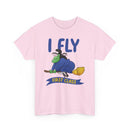 I Fly First Class Tee — Funny Witch on Broom Halloween T-Shirt