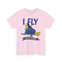 I Fly First Class Tee — Funny Witch on Broom Halloween T-Shirt