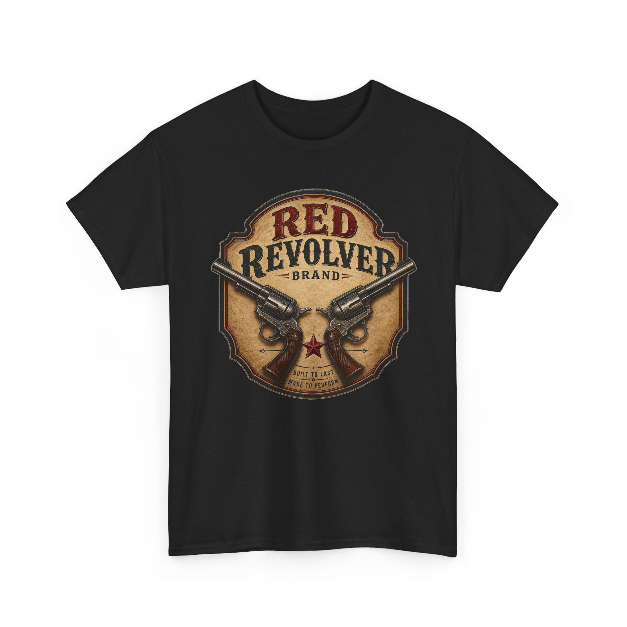 Red Revolver Graphic T-Shirt — Retro Western Guns Emblem