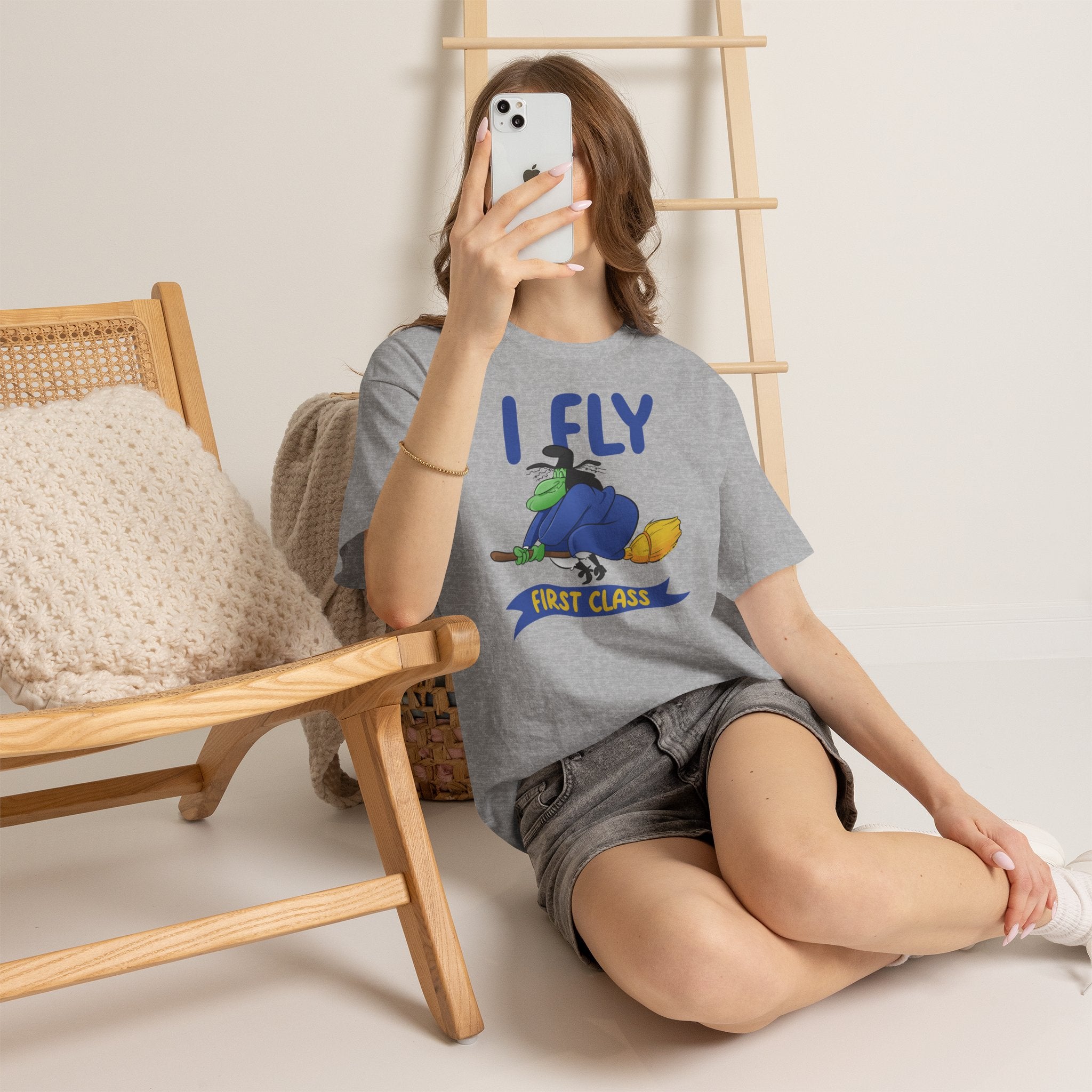 I Fly First Class Tee — Funny Witch on Broom Halloween T-Shirt