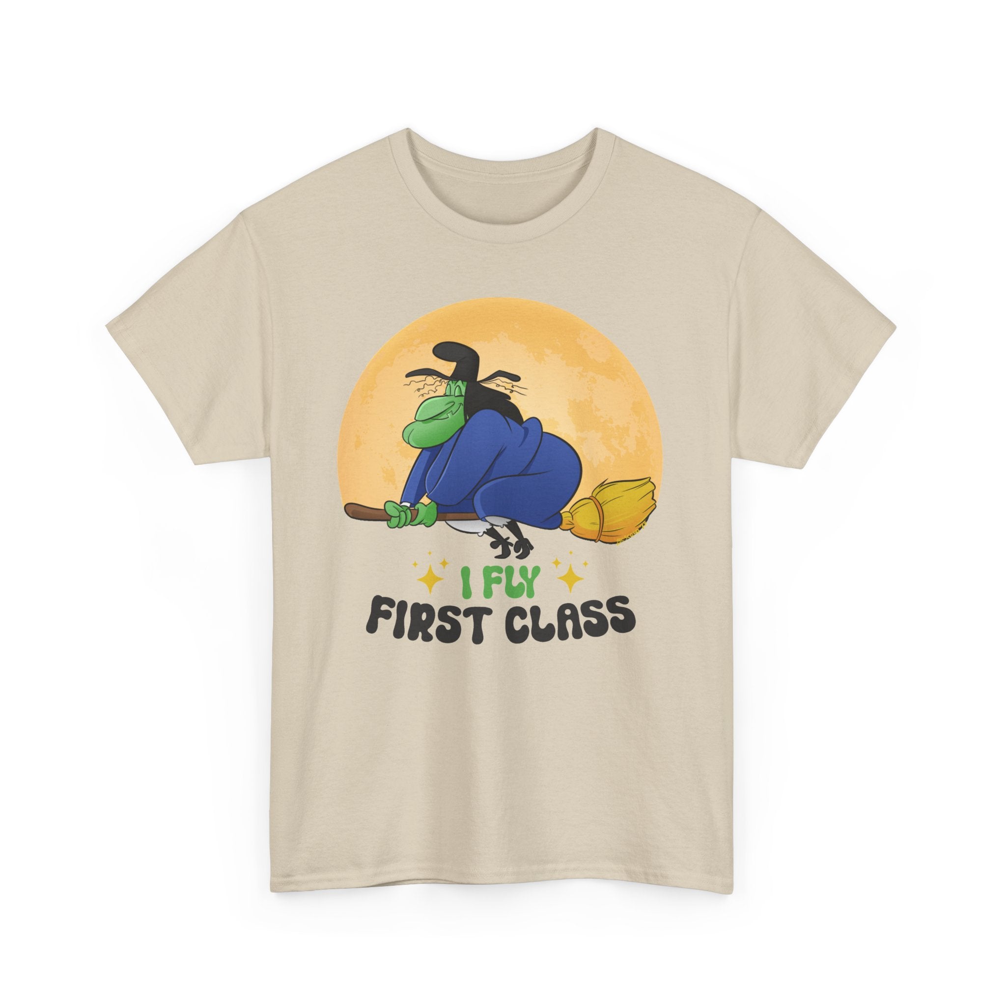 Witch Broom Tee — "I Fly First Class" Funny Halloween T‑Shirt