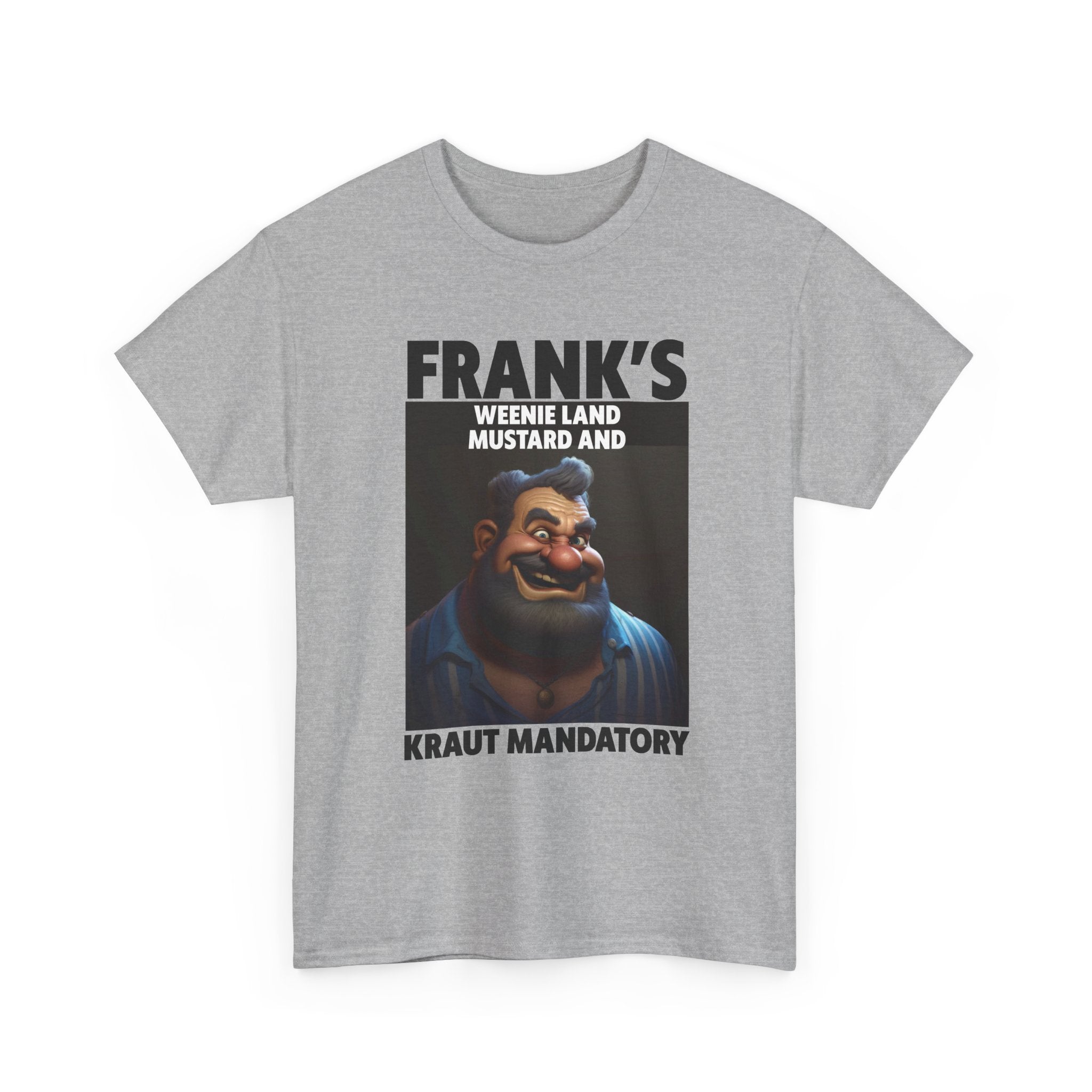 Graphic Tee — "Frank's Weenie Land Mustard and Kraut Mandatory" Retro Character T-Shirt