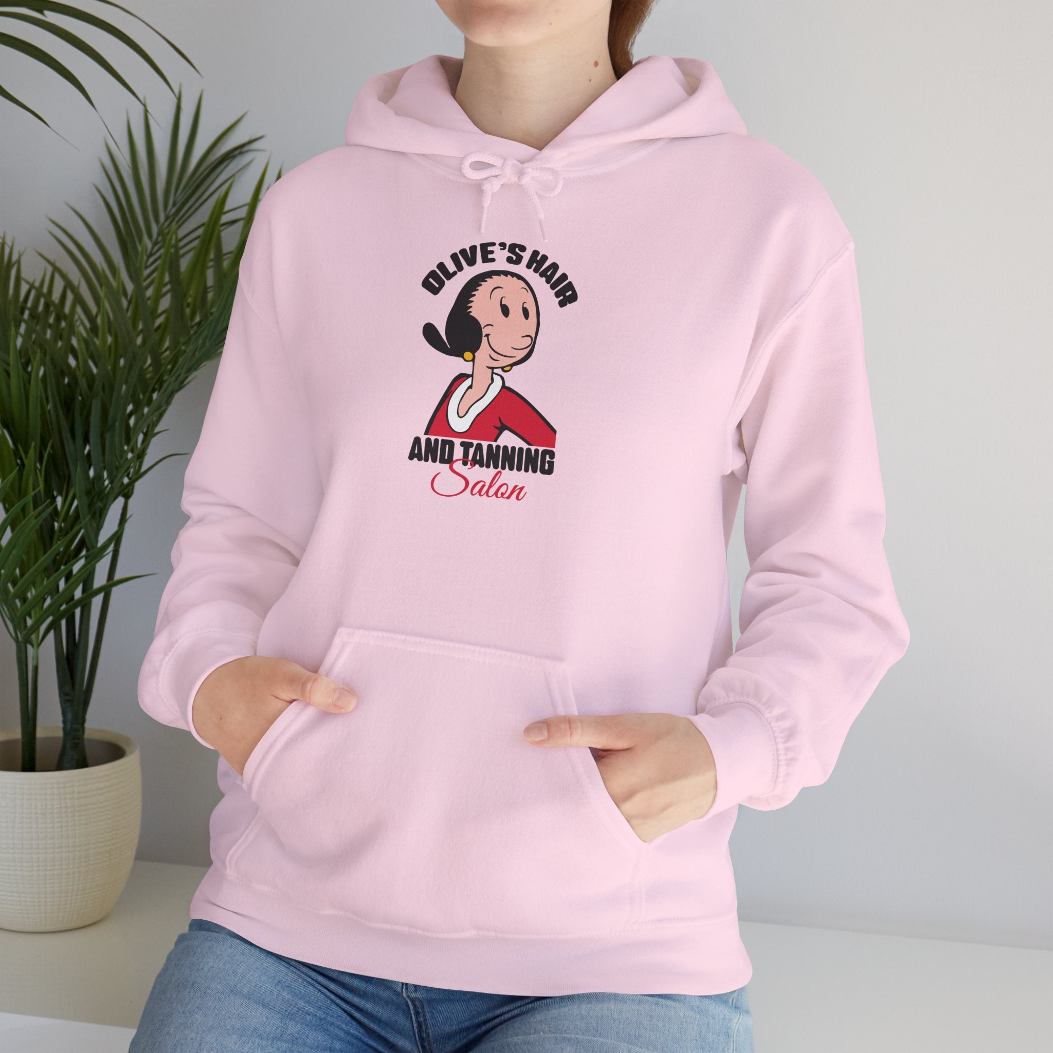 Olive’s Hair and Tanning Salon Hoodie. Vintage Olive Oyl Cartoon Graphic Pullover