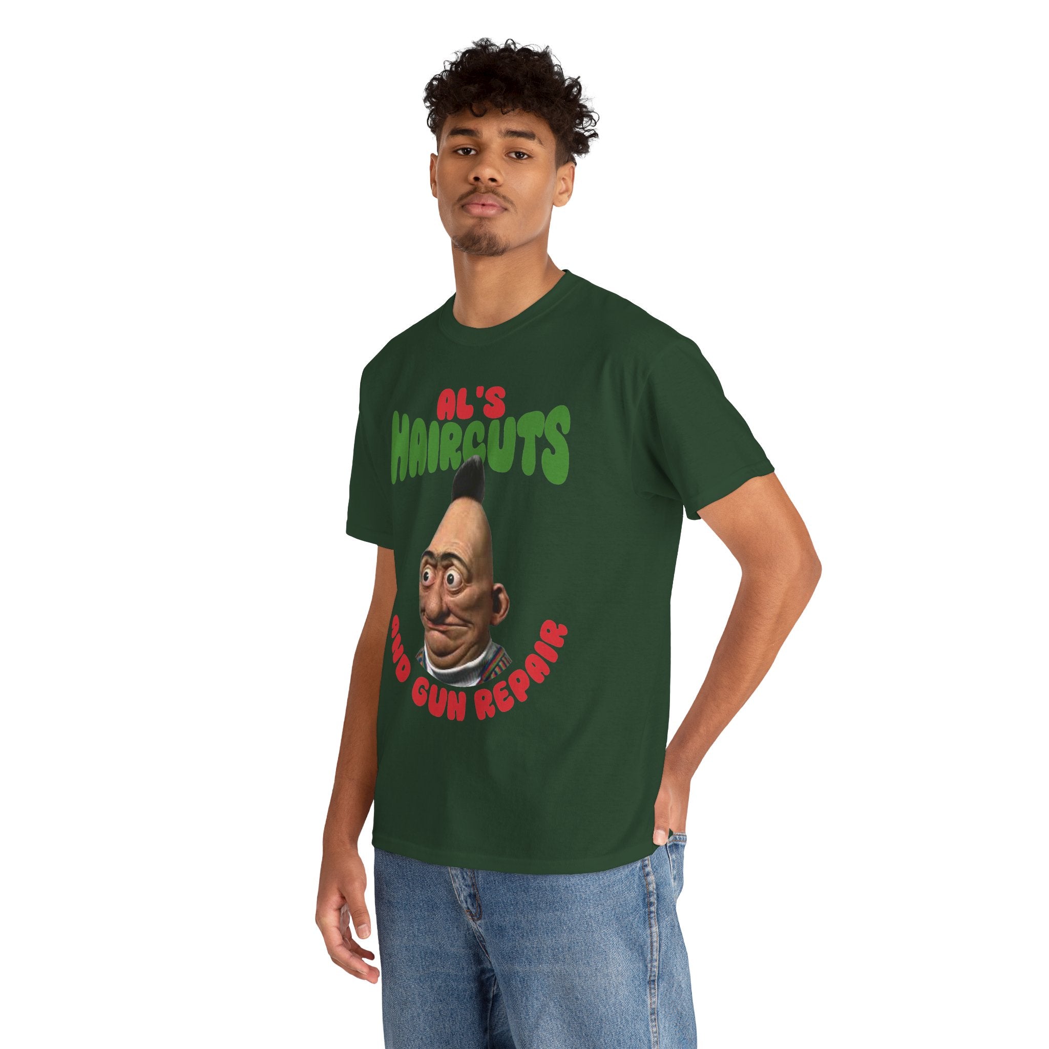 Al's Haircuts and Gun Repairs T-Shirt — Vintage Parody Barber Shop Tee