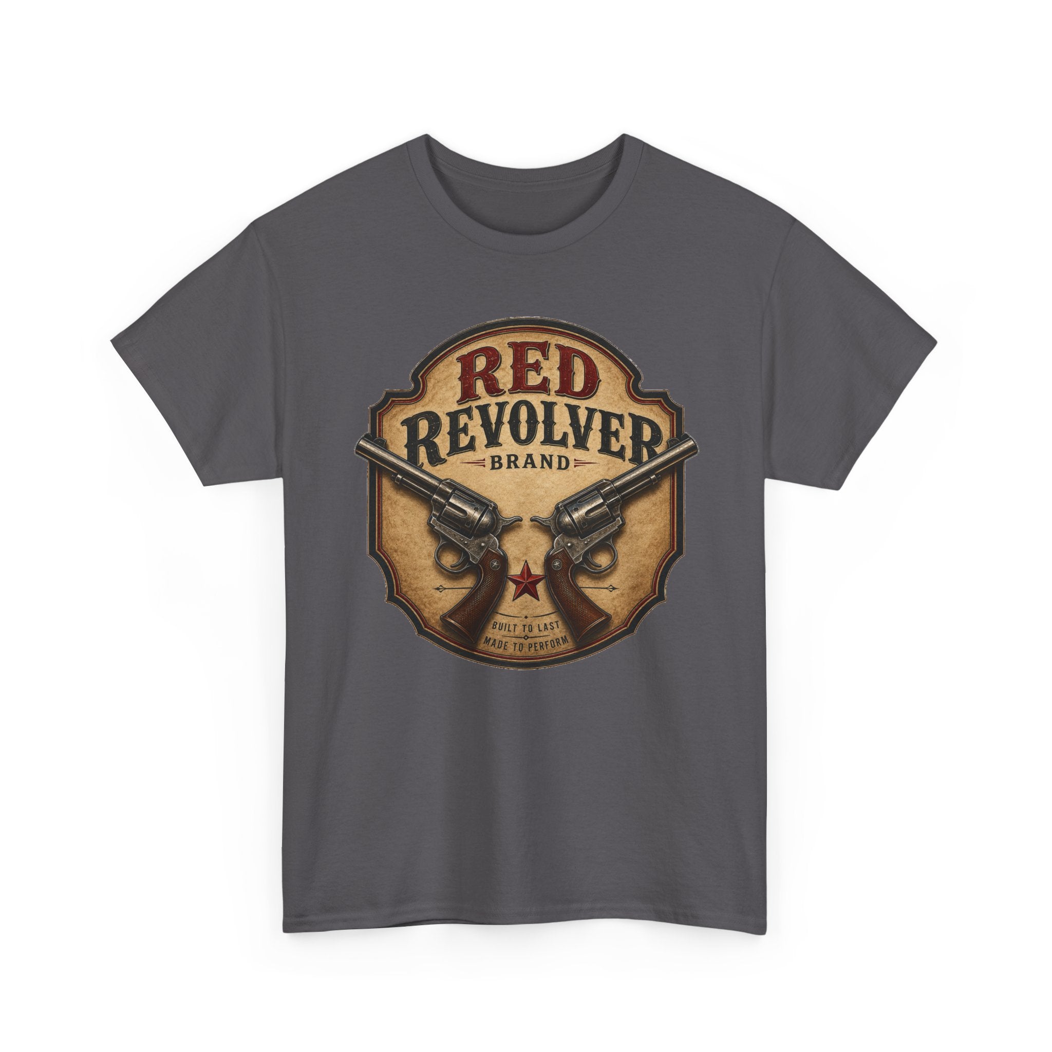 Red Revolver Graphic T-Shirt — Retro Western Guns Emblem