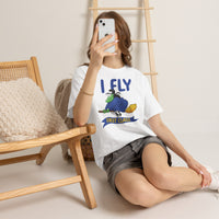 I Fly First Class Tee — Funny Witch on Broom Halloween T-Shirt