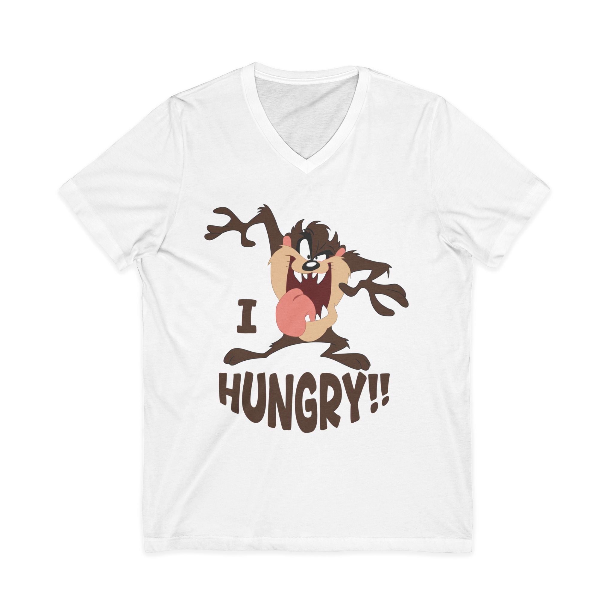 Hungry T-Shirt — Cartoon Tasmanian Devil 'I HUNGRY!!' Graphic V-Neck Tee
