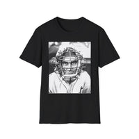 Baseball Catcher Portrait T-Shirt — Vintage Black & White Sports Tee
