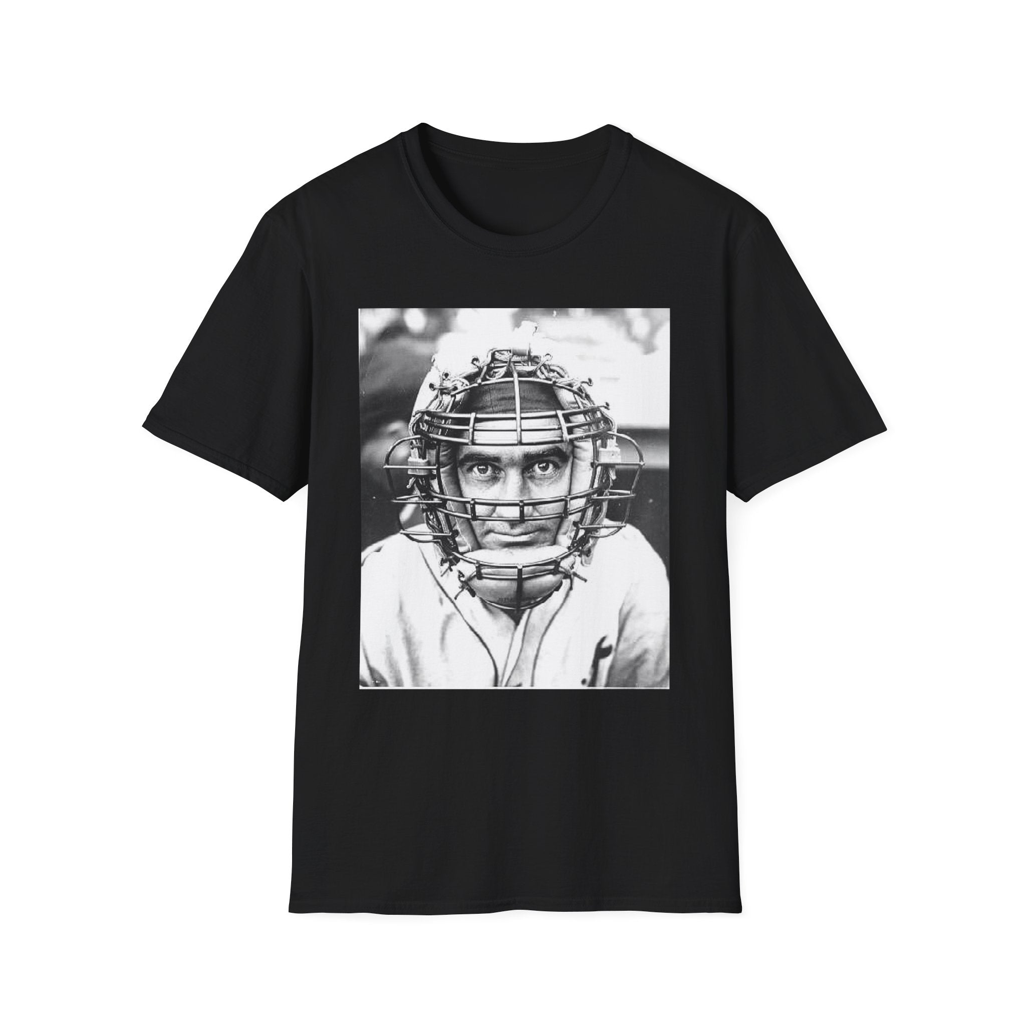 Baseball Catcher Portrait T-Shirt — Vintage Black & White Sports Tee