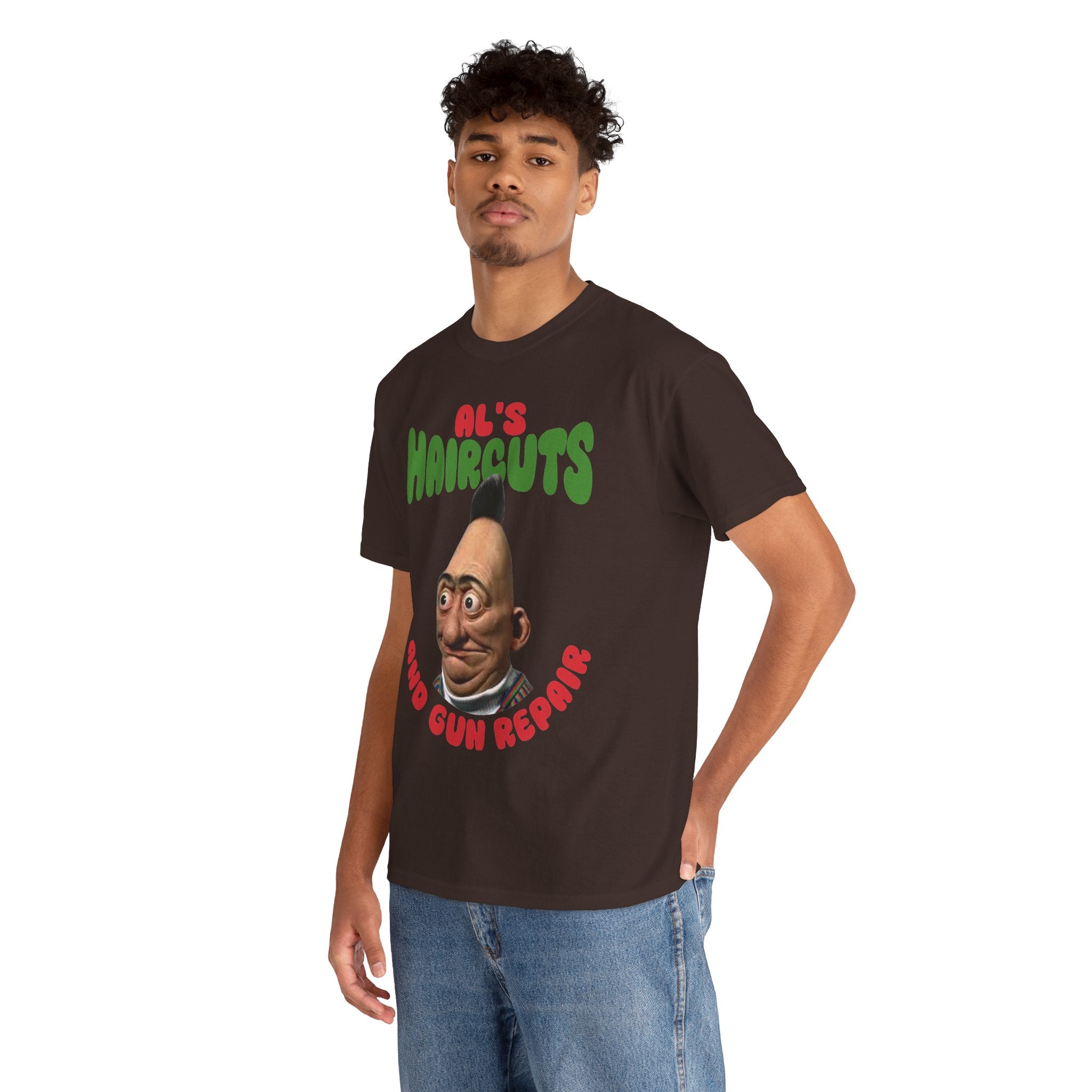 Al's Haircuts and Gun Repairs T-Shirt — Vintage Parody Barber Shop Tee